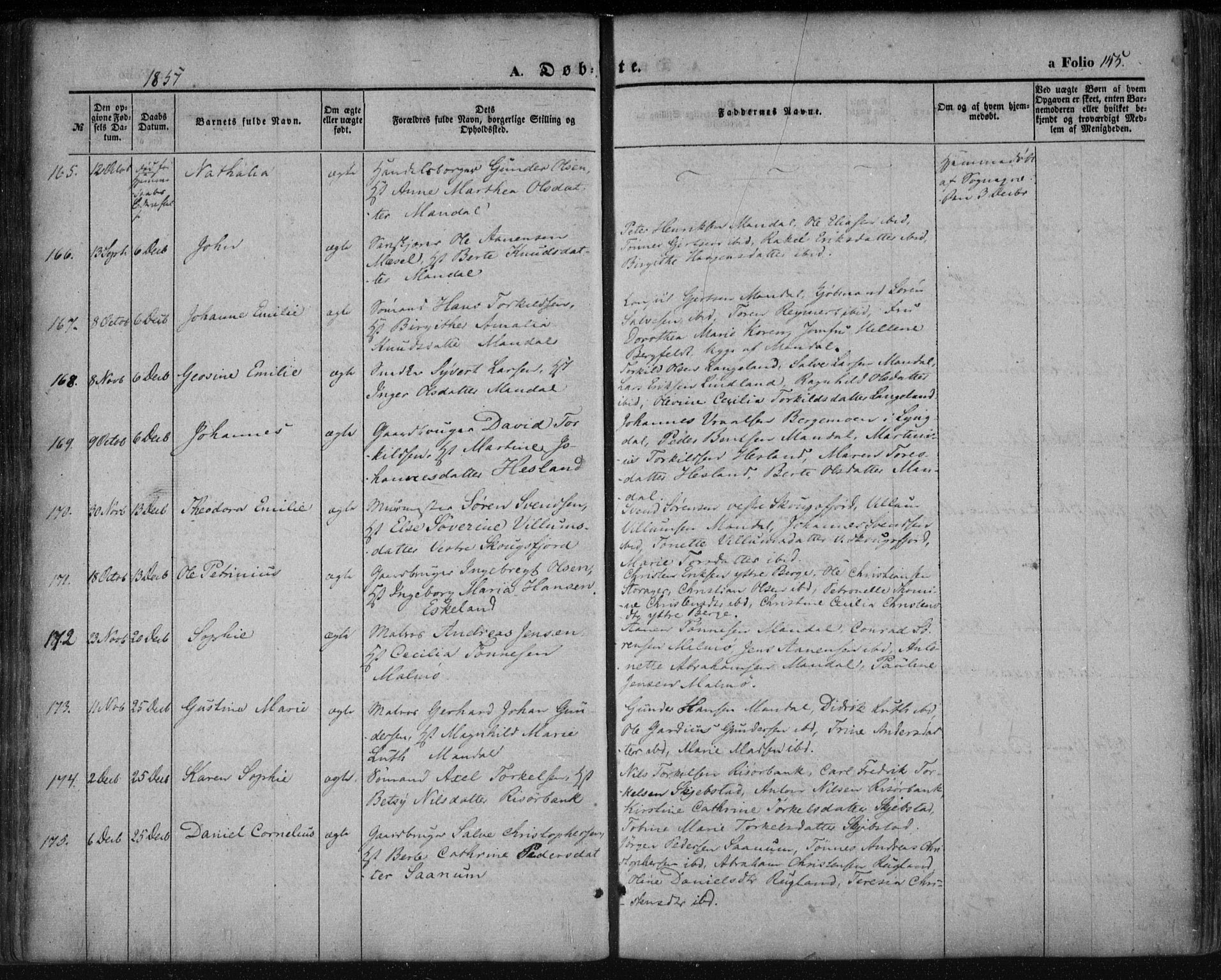 Mandal sokneprestkontor, AV/SAK-1111-0030/F/Fa/Faa/L0013: Parish register (official) no. A 13, 1847-1859, p. 155