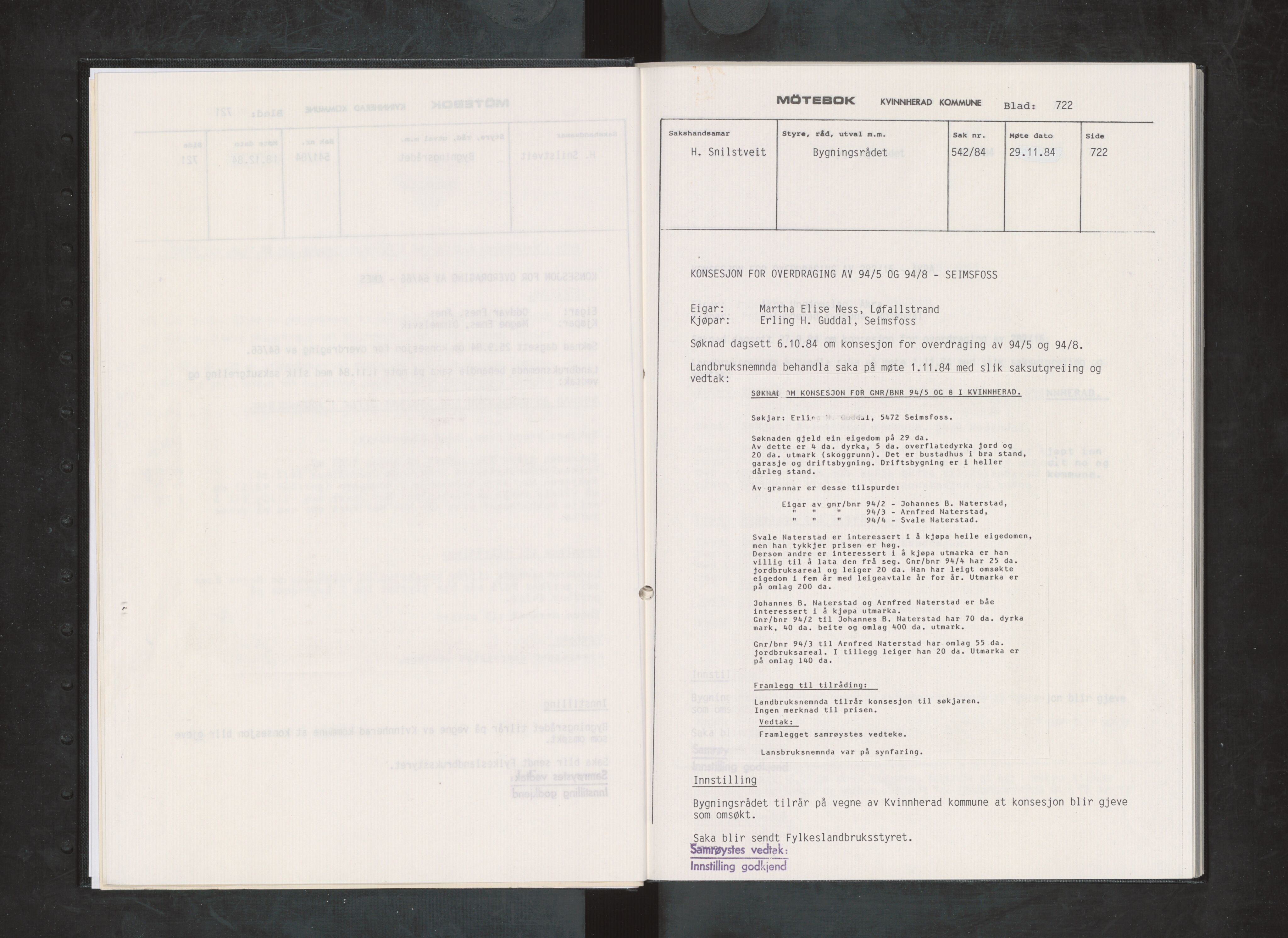 Kvinnherad kommune. Bygningsrådet , IKAH/1224-511/A/Aa/L0041: Møtebøker for bygningsrådet, 1984