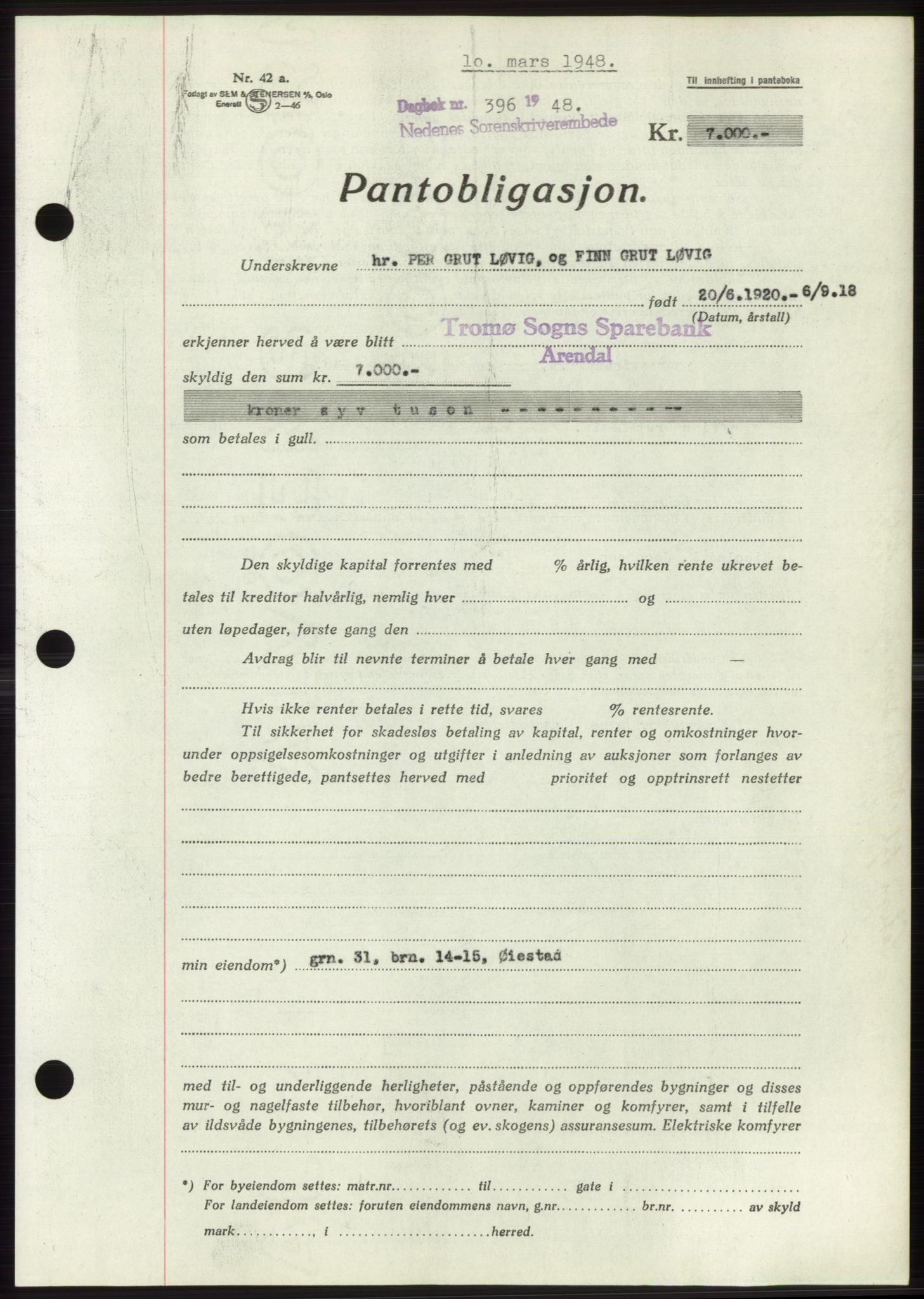 Nedenes sorenskriveri, AV/SAK-1221-0006/G/Gb/Gbb/L0005: Mortgage book no. B5, 1948-1948, Diary no: : 396/1948