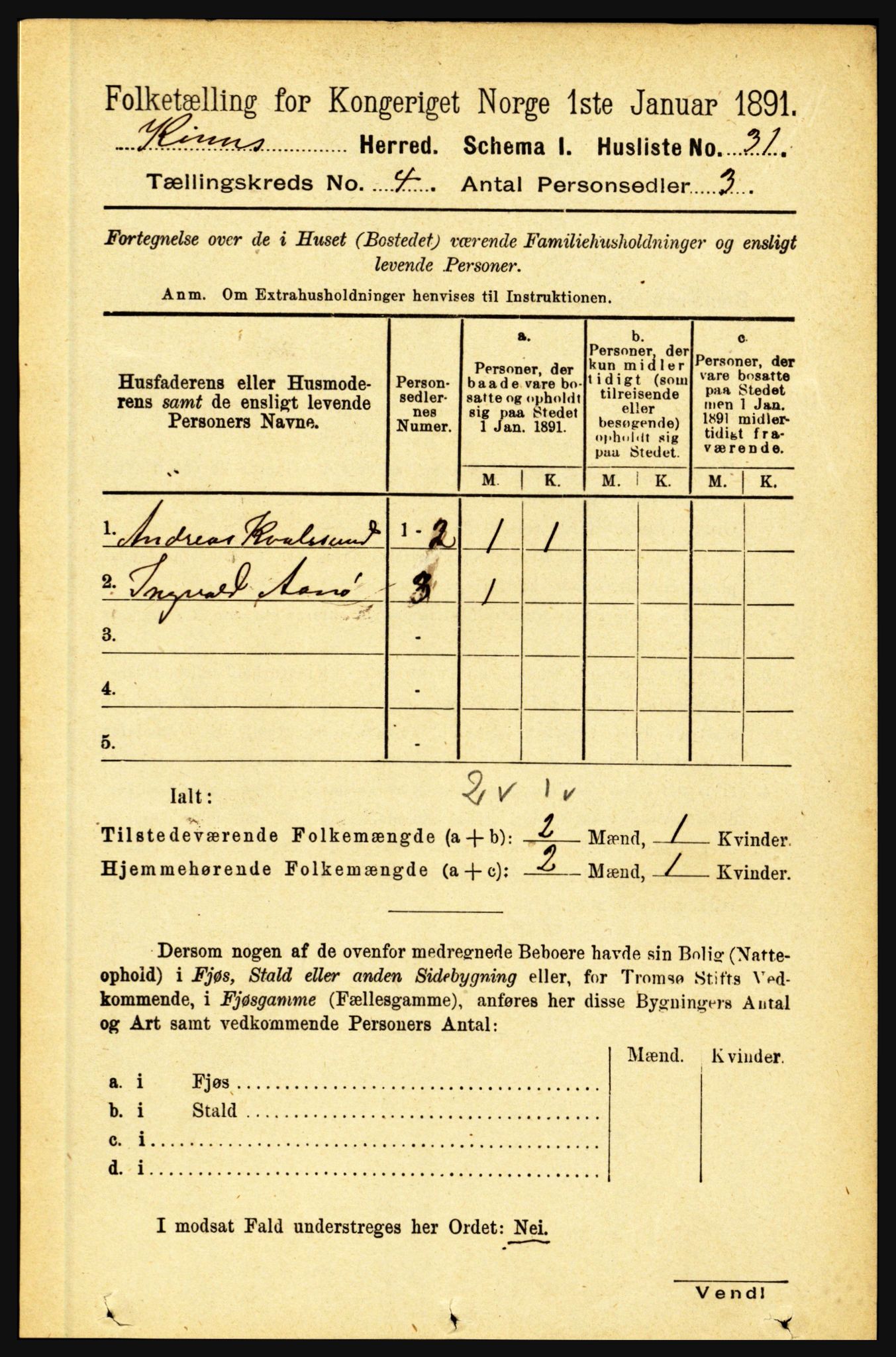 RA, 1891 census for 1437 Kinn, 1891, p. 1286