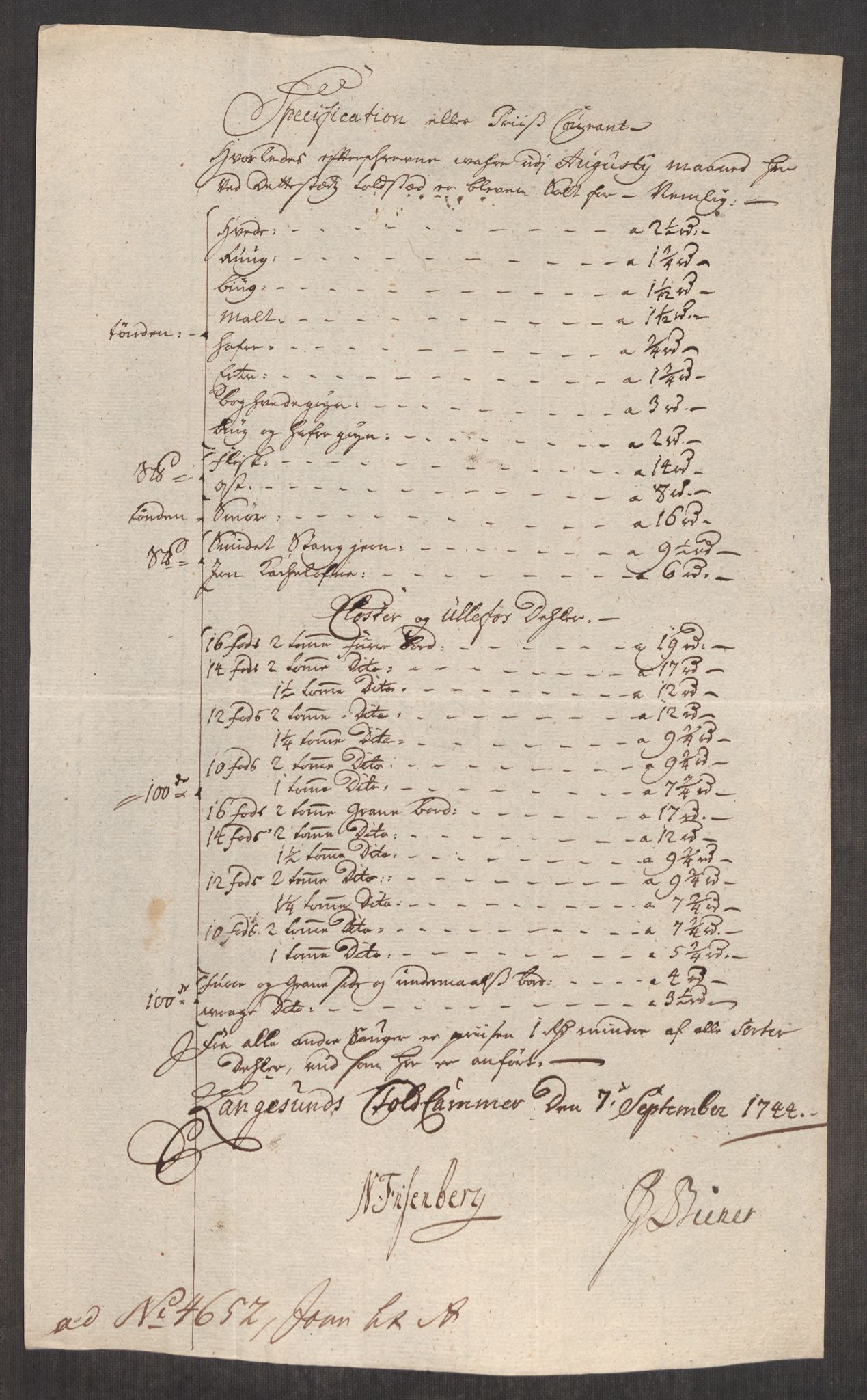 Rentekammeret inntil 1814, Realistisk ordnet avdeling, AV/RA-EA-4070/Oe/L0002: [Ø1]: Priskuranter, 1740-1744, p. 939