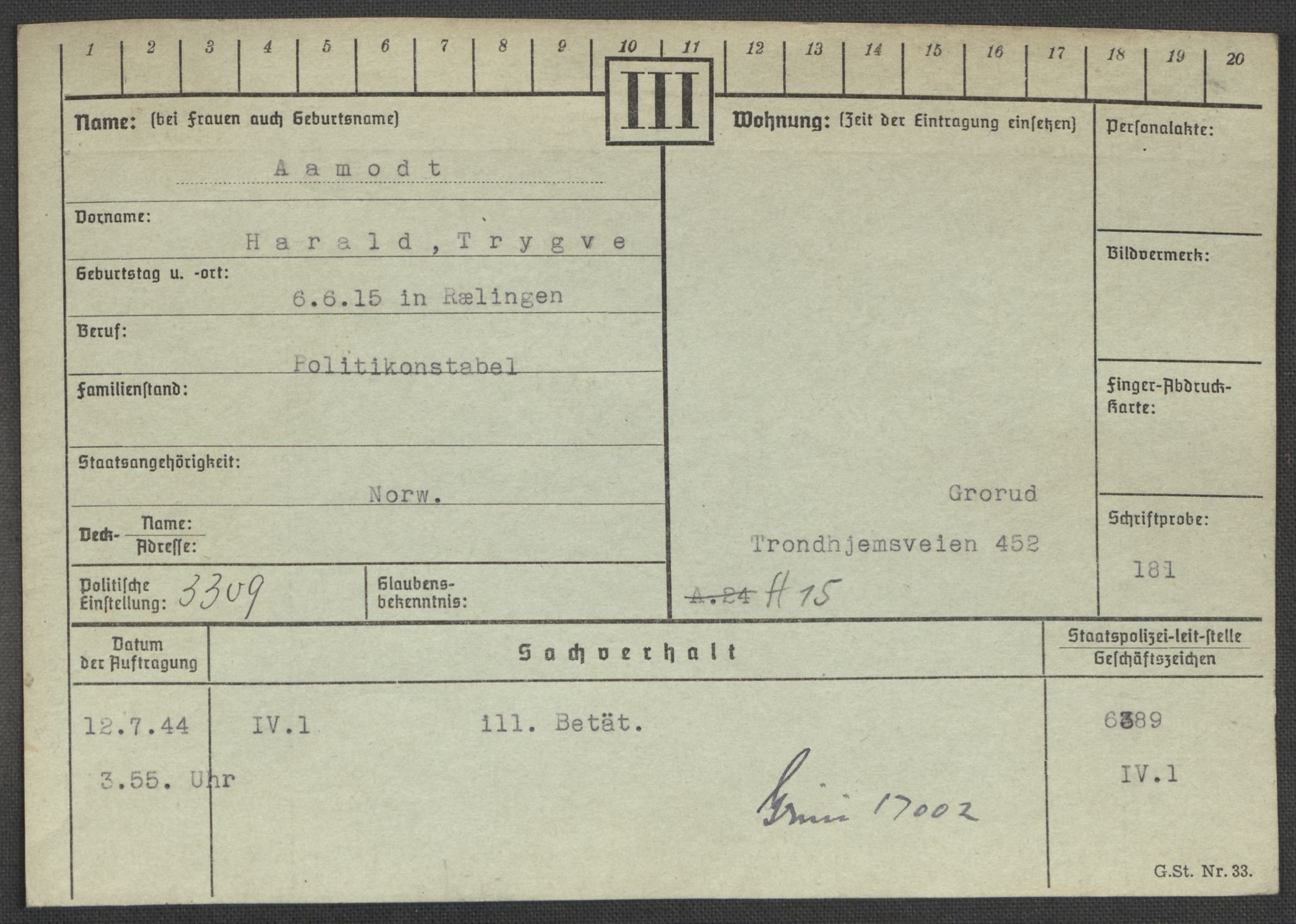 Befehlshaber der Sicherheitspolizei und des SD, AV/RA-RAFA-5969/E/Ea/Eaa/L0010: Register over norske fanger i Møllergata 19: Sø-Å, 1940-1945, p. 1412