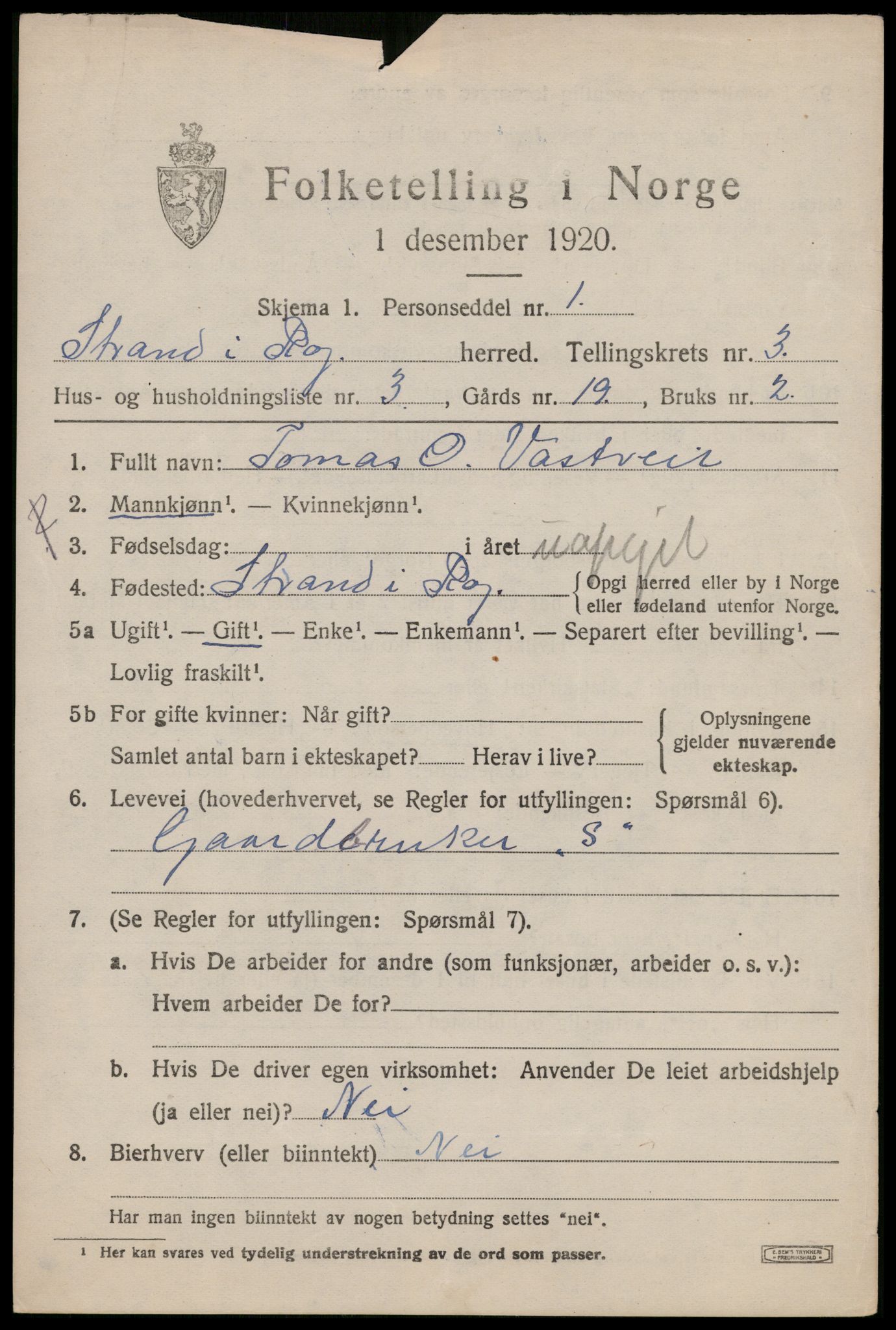 SAST, 1920 census for Strand, 1920, p. 2328