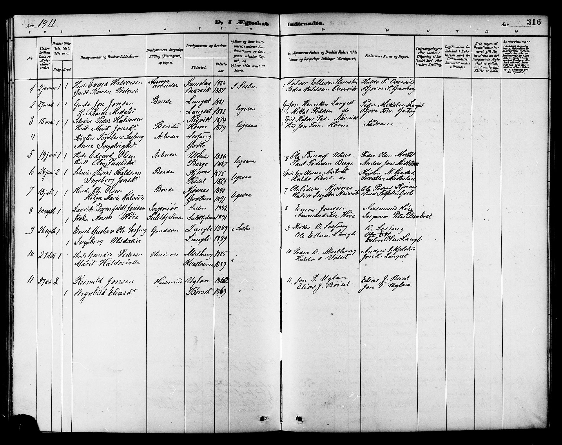 Ministerialprotokoller, klokkerbøker og fødselsregistre - Sør-Trøndelag, SAT/A-1456/695/L1157: Parish register (copy) no. 695C08, 1889-1913, p. 316