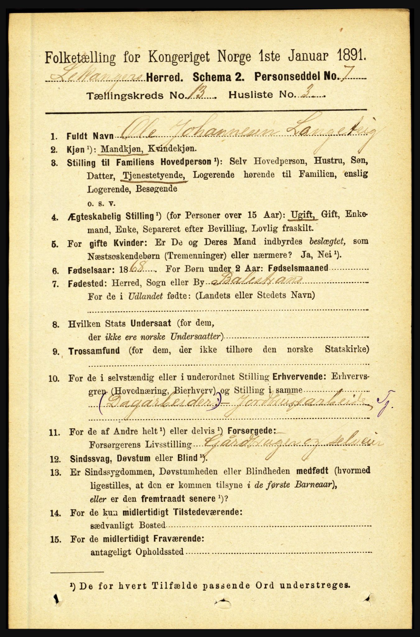 RA, 1891 census for 1419 Leikanger, 1891, p. 2475