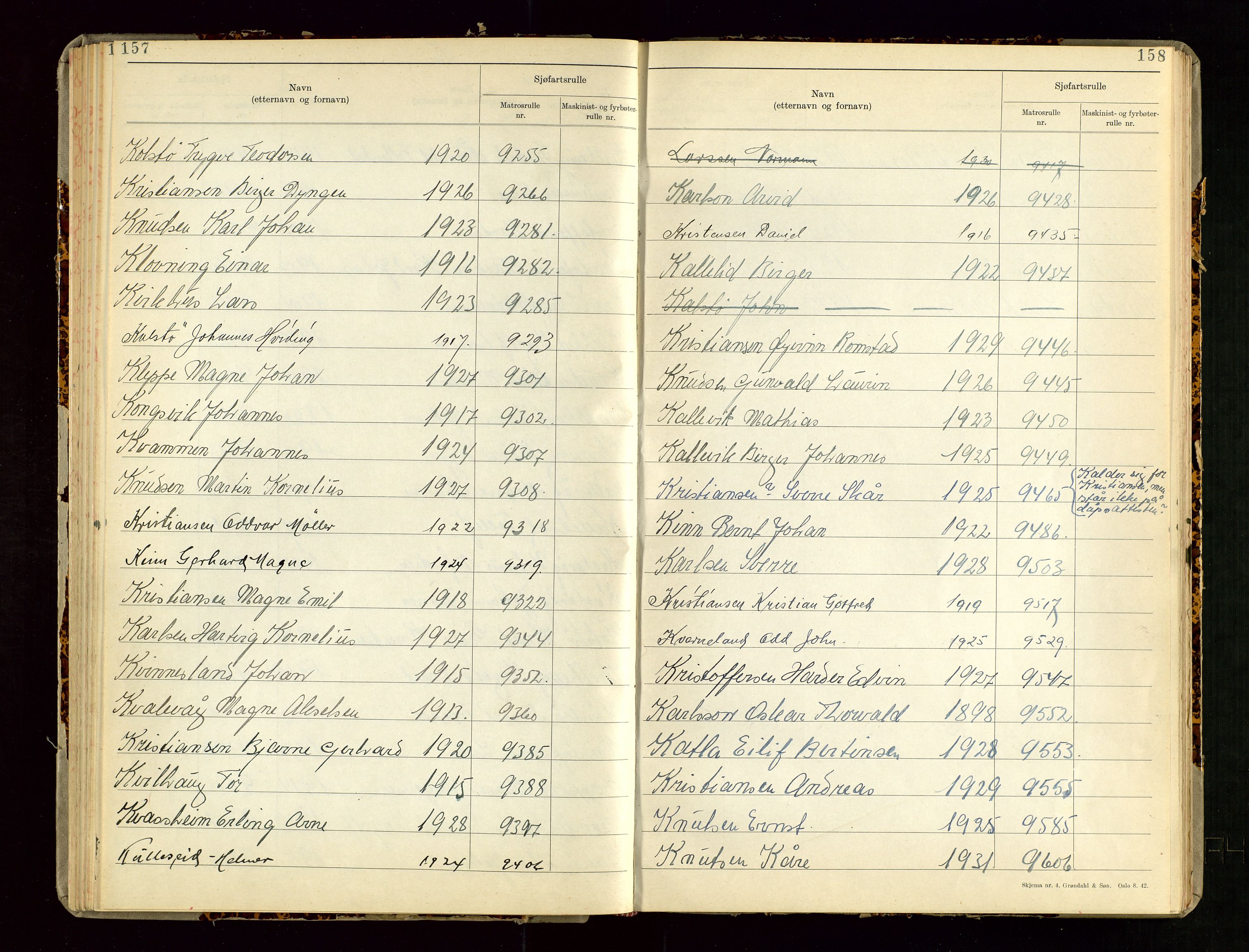 Haugesund sjømannskontor, SAST/A-102007/F/Fb/Fba/L0005: Navneregister med henvisning til rullenummer (etternavn) Haugesund krets, 1860-1948, p. 157-158