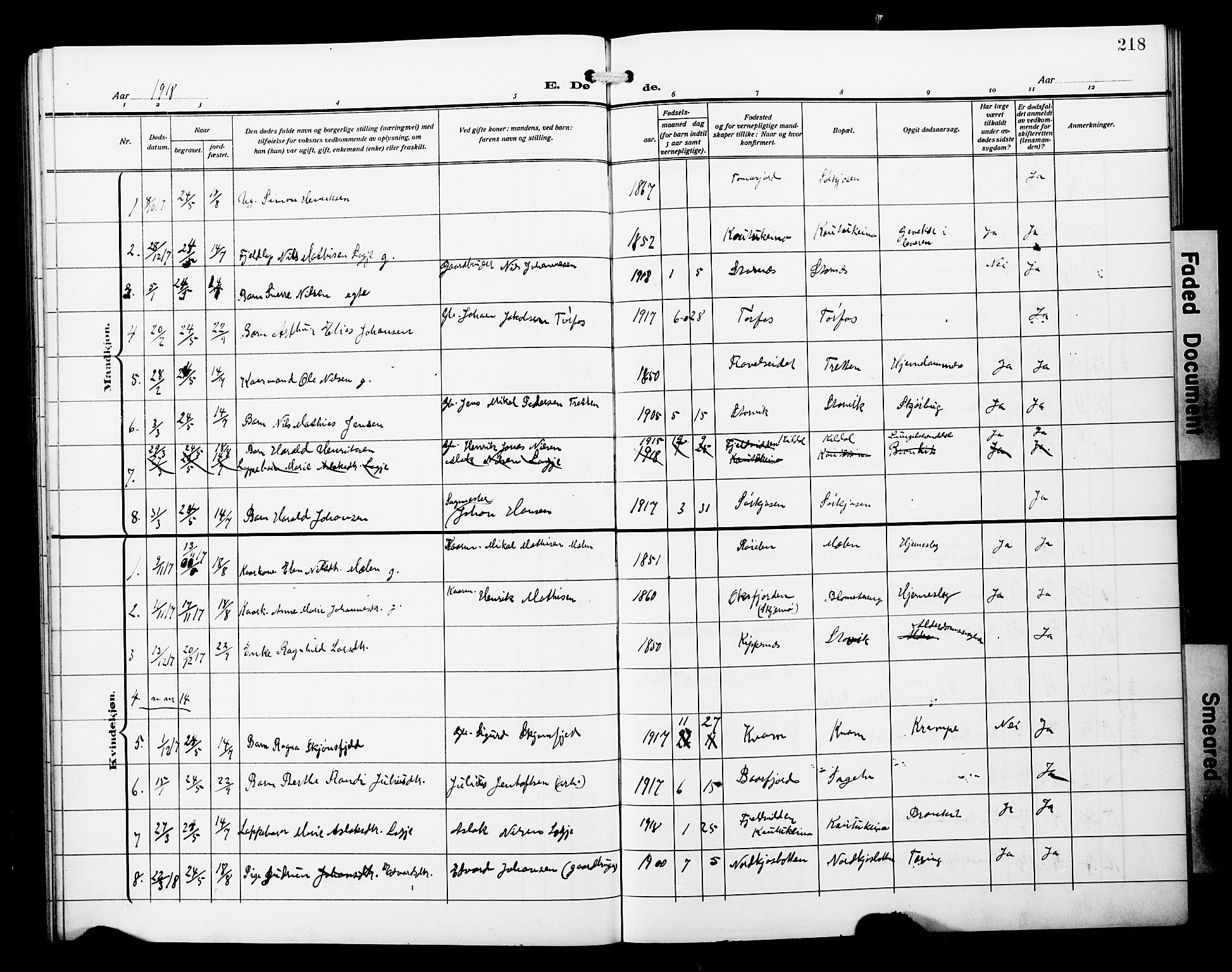 Skjervøy sokneprestkontor, AV/SATØ-S-1300/H/Ha/Hab/L0022klokker: Parish register (copy) no. 22, 1910-1926, p. 218