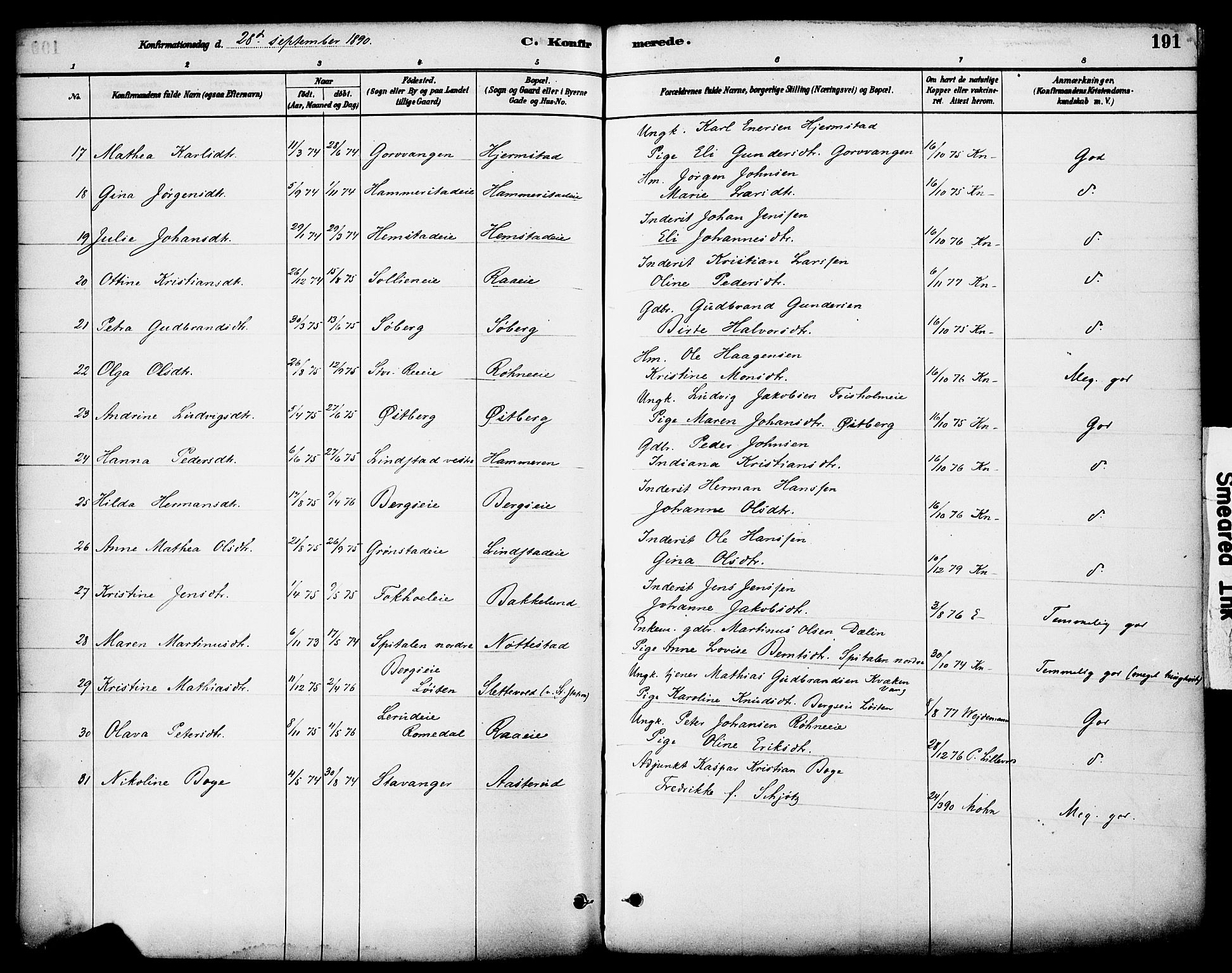 Stange prestekontor, AV/SAH-PREST-002/K/L0017: Parish register (official) no. 17, 1880-1893, p. 191