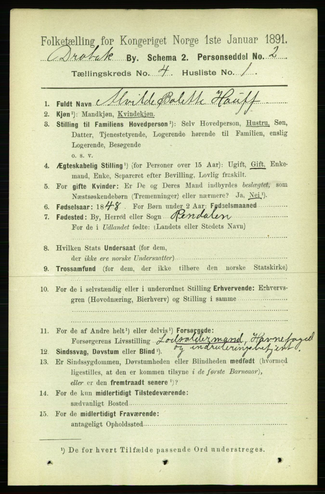 RA, 1891 census for 0203 Drøbak, 1891, p. 2525