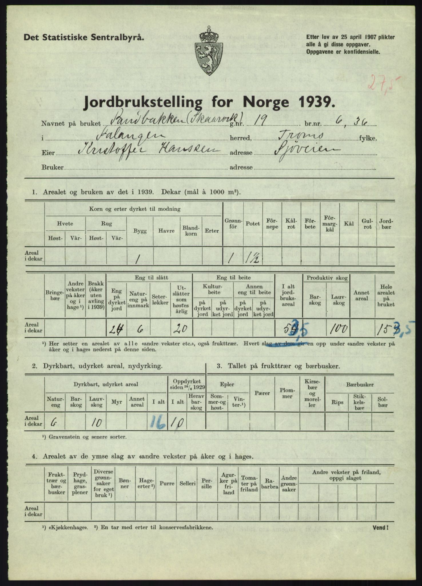 Statistisk sentralbyrå, Næringsøkonomiske emner, Jordbruk, skogbruk, jakt, fiske og fangst, AV/RA-S-2234/G/Gb/L0340: Troms: Salangen og Dyrøy, 1939, p. 705