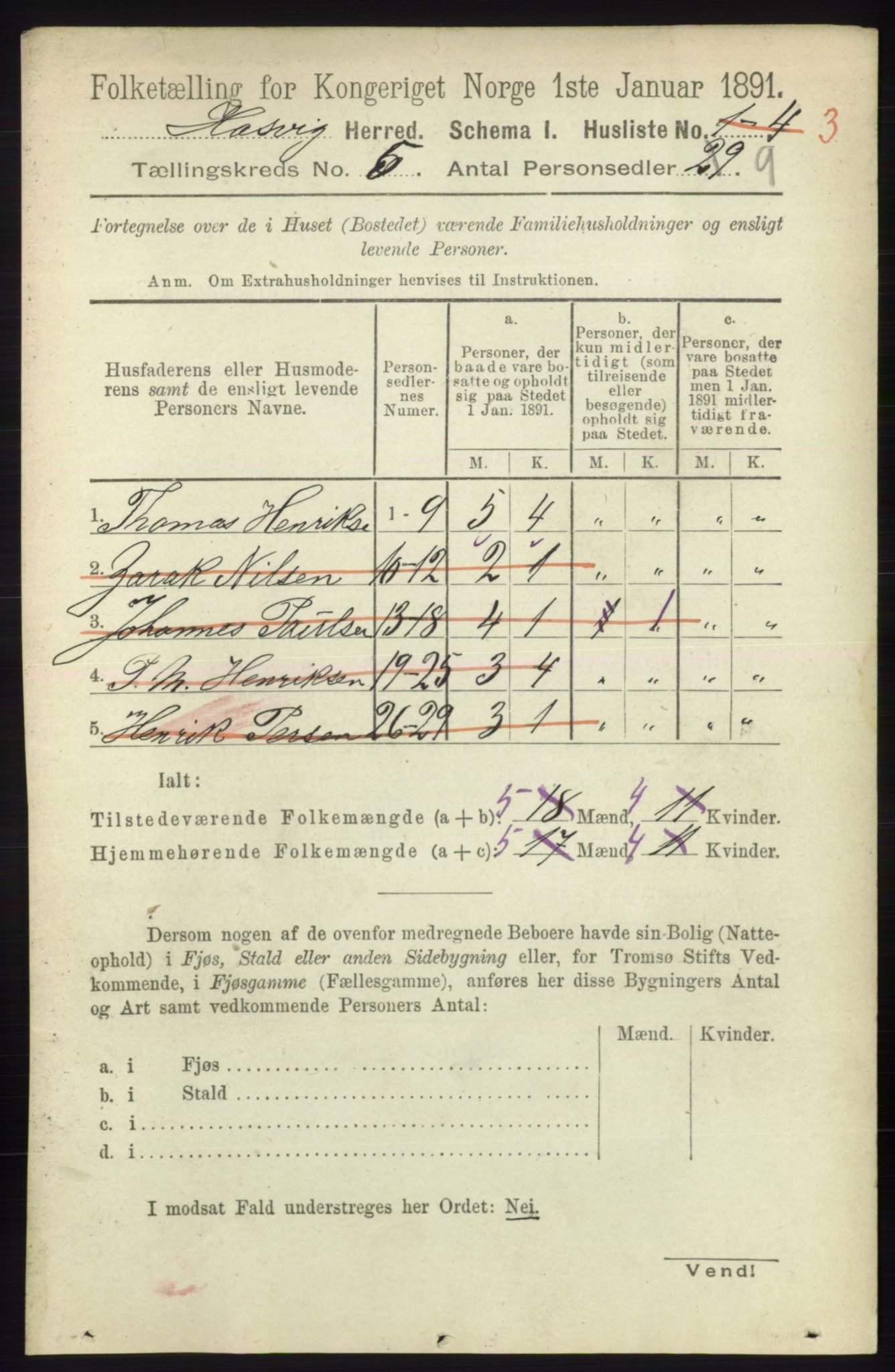 RA, 1891 census for 2015 Hasvik, 1891, p. 606