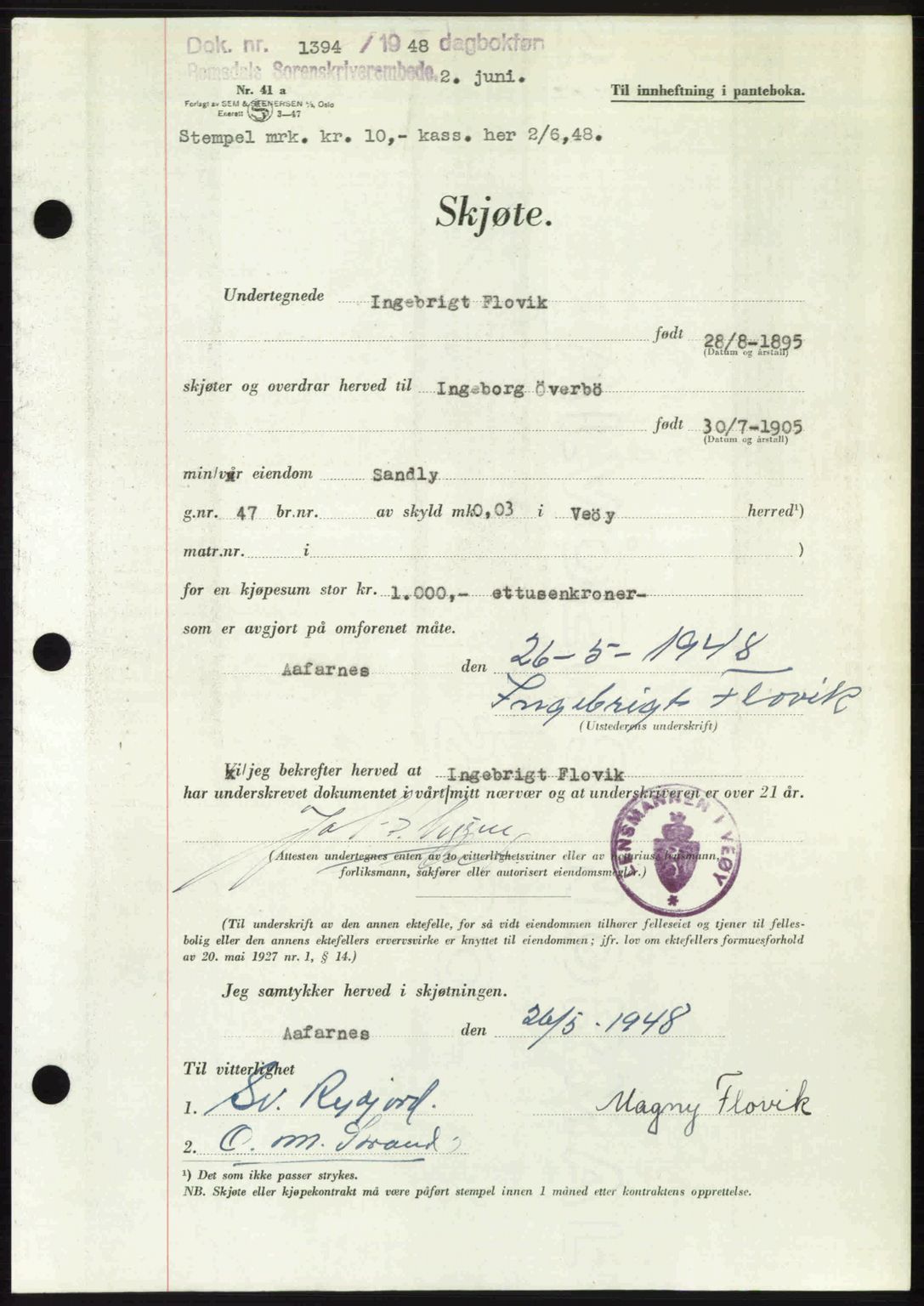 Romsdal sorenskriveri, AV/SAT-A-4149/1/2/2C: Mortgage book no. A26, 1948-1948, Diary no: : 1394/1948