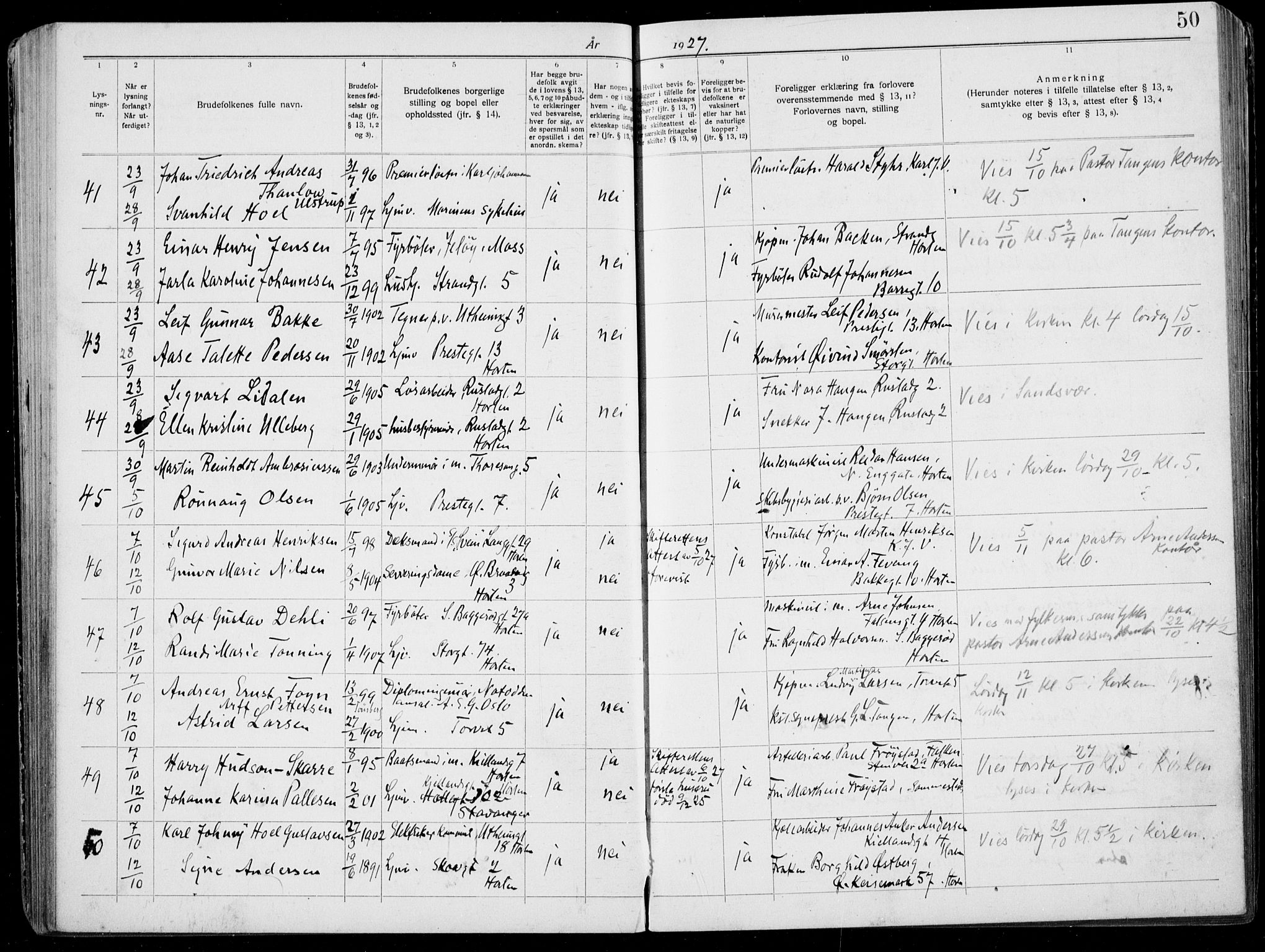 Horten kirkebøker, AV/SAKO-A-348/H/Ha/L0006: Banns register no. 6, 1920-1934, p. 50