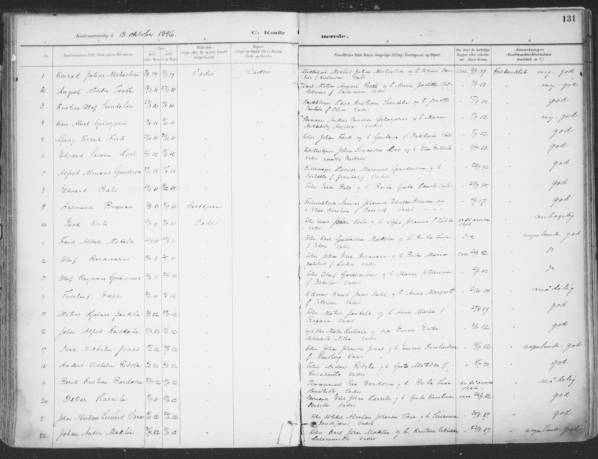 Vadsø sokneprestkontor, SATØ/S-1325/H/Ha/L0007kirke: Parish register (official) no. 7, 1896-1916, p. 131