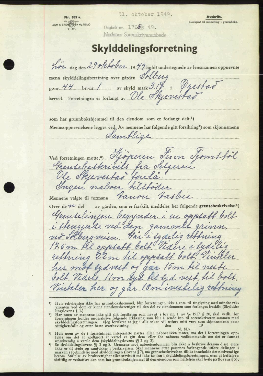 Nedenes sorenskriveri, SAK/1221-0006/G/Gb/Gba/L0061: Mortgage book no. A13, 1949-1949, Diary no: : 1725/1949