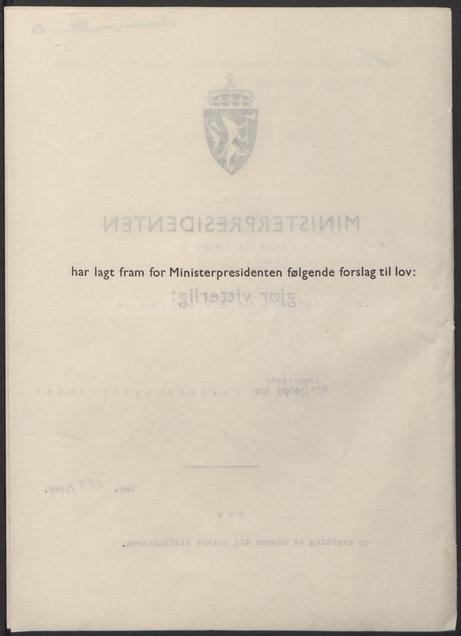 NS-administrasjonen 1940-1945 (Statsrådsekretariatet, de kommisariske statsråder mm), RA/S-4279/D/Db/L0098: Lover II, 1942, p. 410
