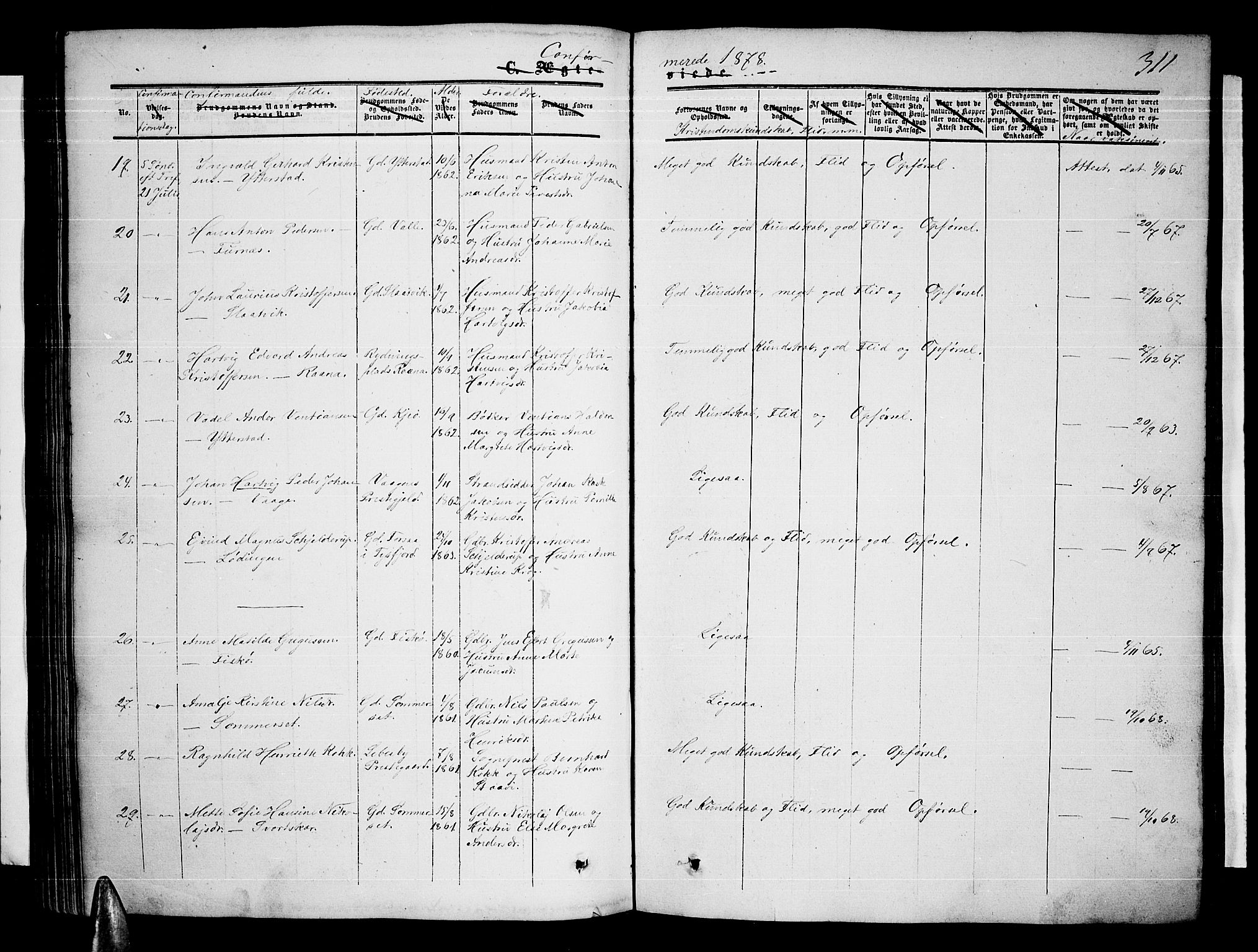 Ministerialprotokoller, klokkerbøker og fødselsregistre - Nordland, AV/SAT-A-1459/872/L1046: Parish register (copy) no. 872C02, 1852-1879, p. 311