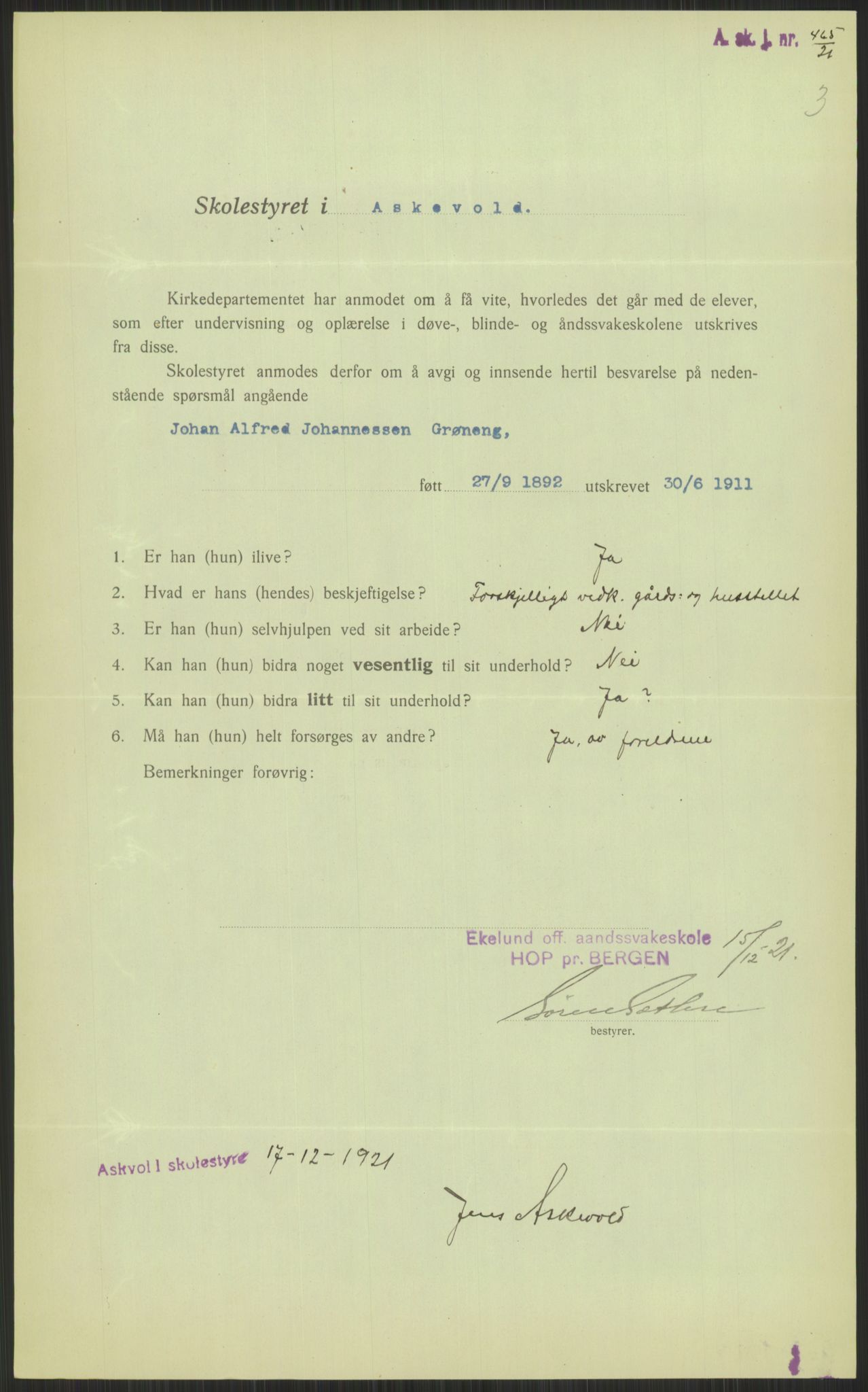 Kirke- og undervisningsdepartementet, 1. skolekontor D, AV/RA-S-1021/F/Fh/Fhl/L0044: Hvor blir det av elevene?, 1911-1921, p. 409