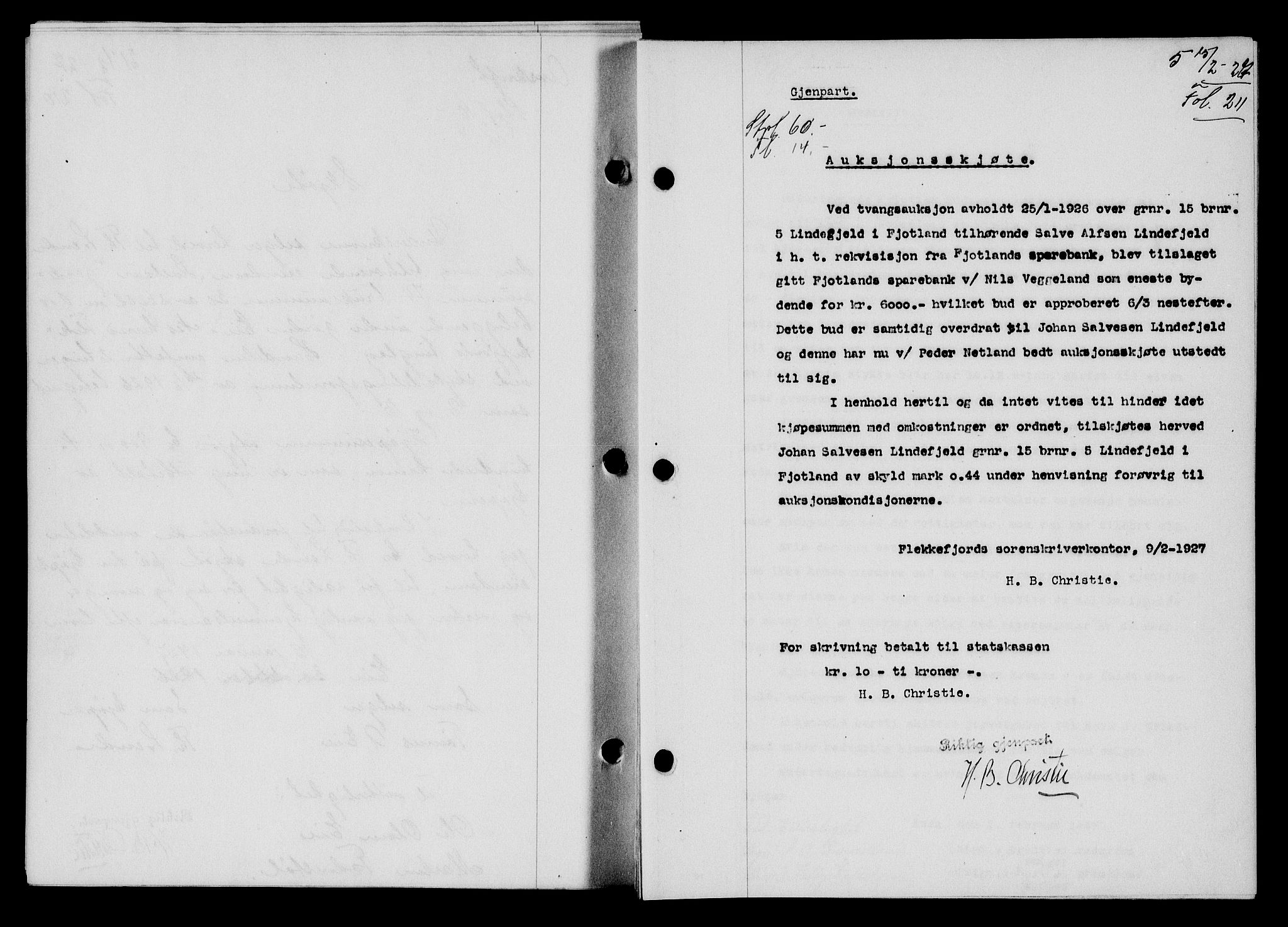 Flekkefjord sorenskriveri, SAK/1221-0001/G/Gb/Gba/L0043: Mortgage book no. 41, 1926-1927, Deed date: 15.02.1927