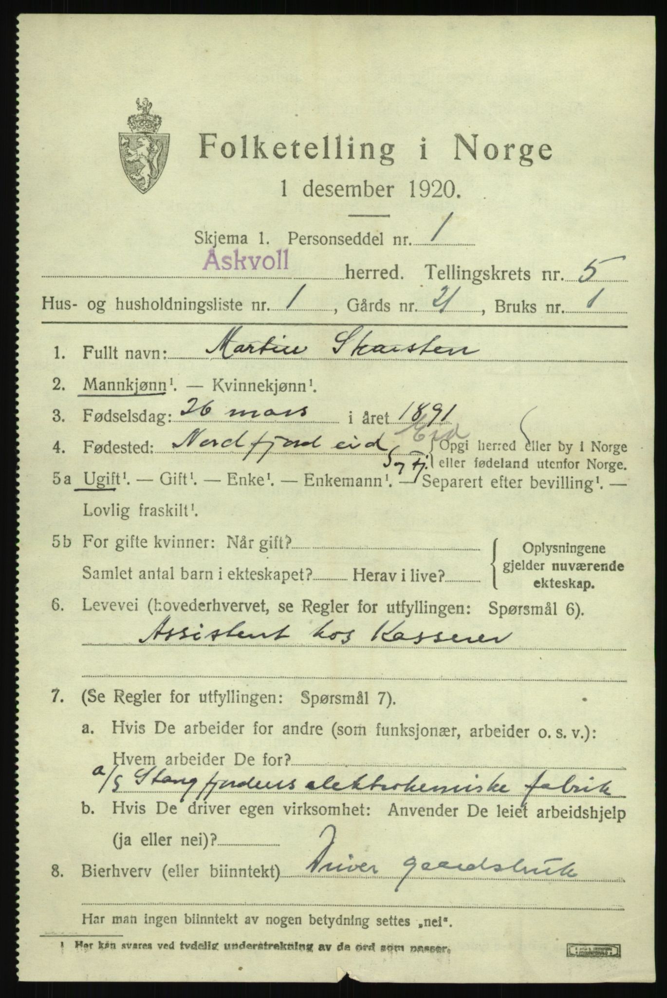 SAB, 1920 census for Askvoll, 1920, p. 2586