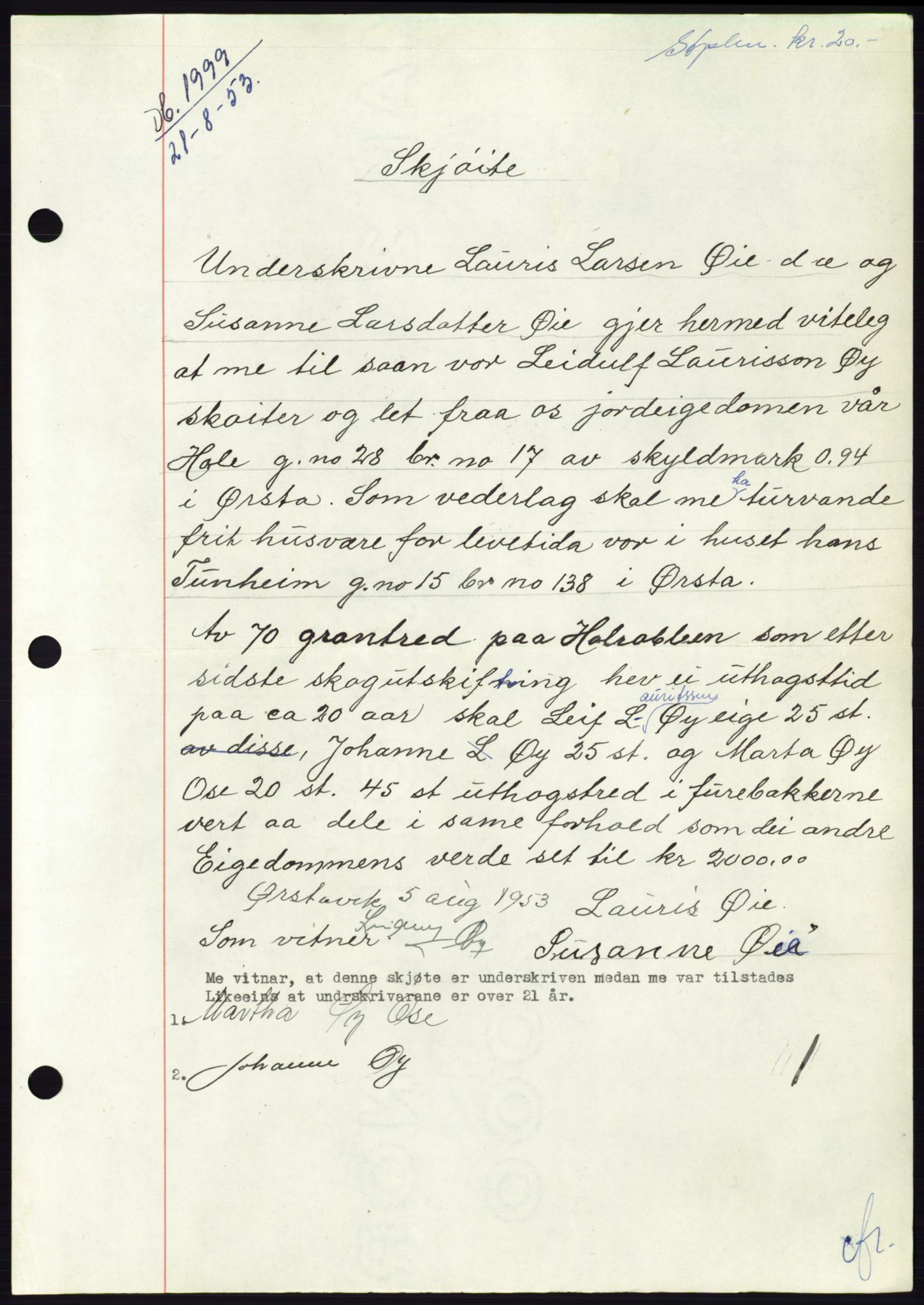 Søre Sunnmøre sorenskriveri, AV/SAT-A-4122/1/2/2C/L0095: Mortgage book no. 21A, 1953-1953, Diary no: : 1999/1953