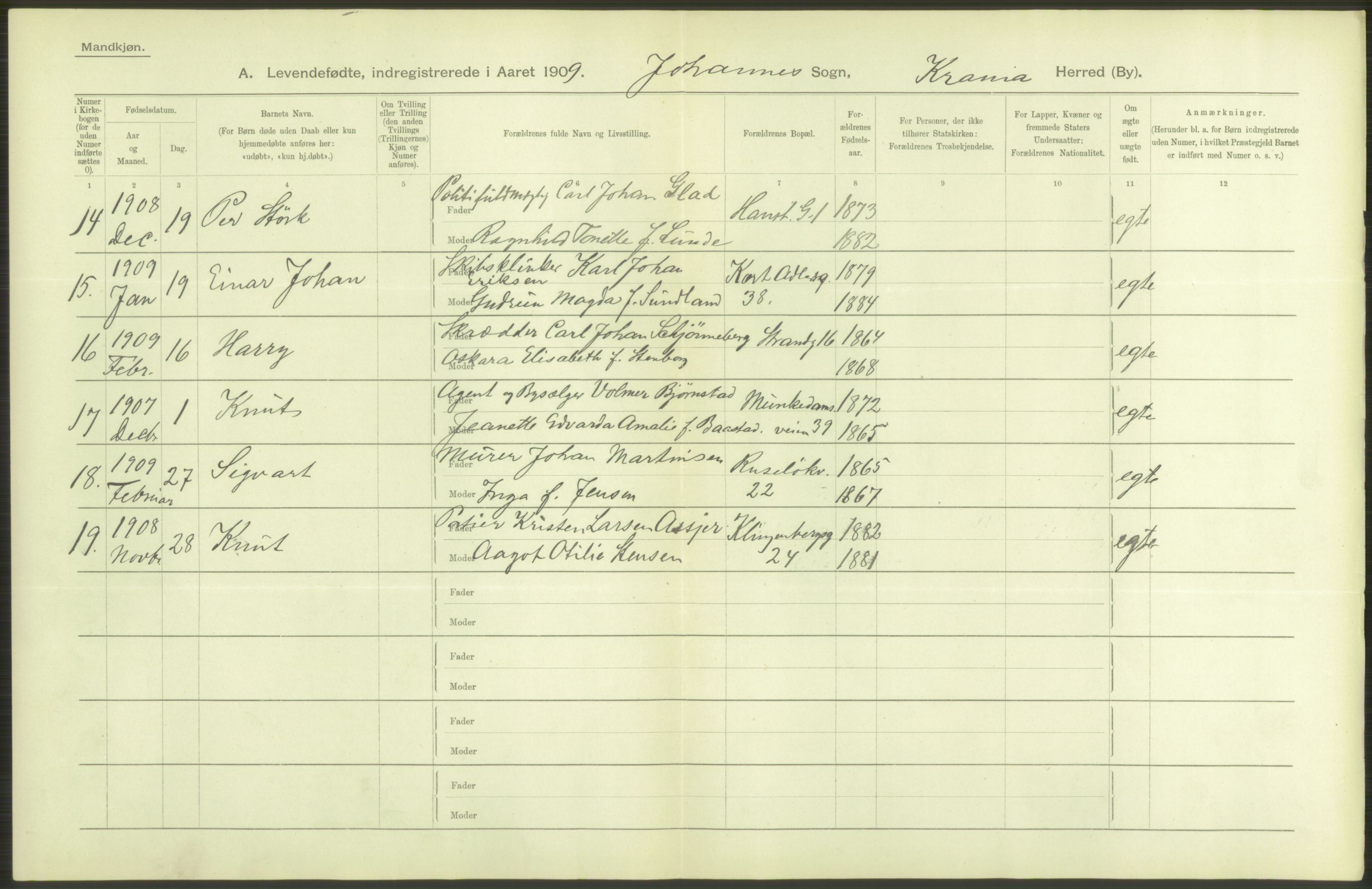 Statistisk sentralbyrå, Sosiodemografiske emner, Befolkning, AV/RA-S-2228/D/Df/Dfa/Dfag/L0007: Kristiania: Levendefødte menn og kvinner., 1909, p. 22