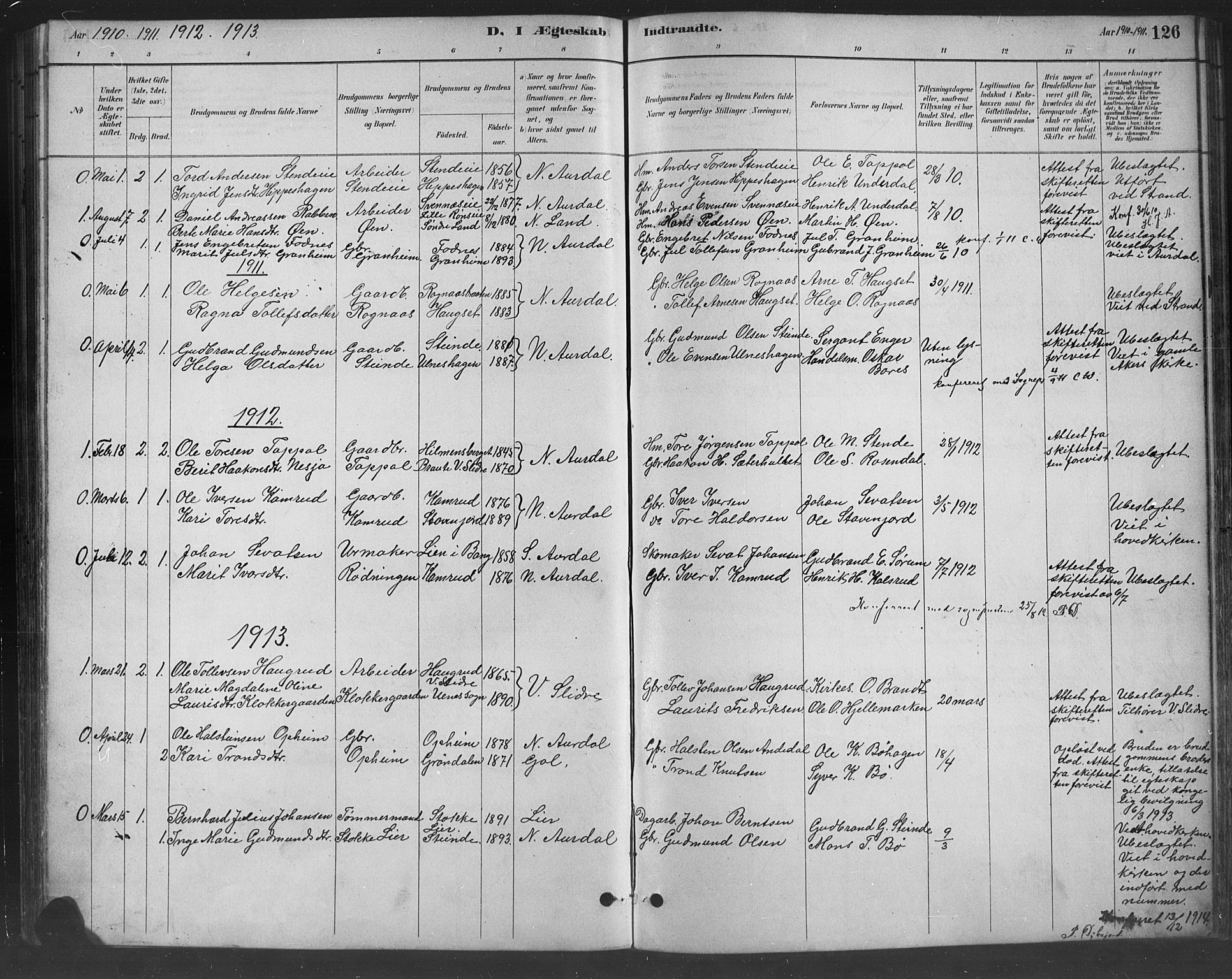 Nord-Aurdal prestekontor, SAH/PREST-132/H/Ha/Hab/L0008: Parish register (copy) no. 8, 1883-1916, p. 126