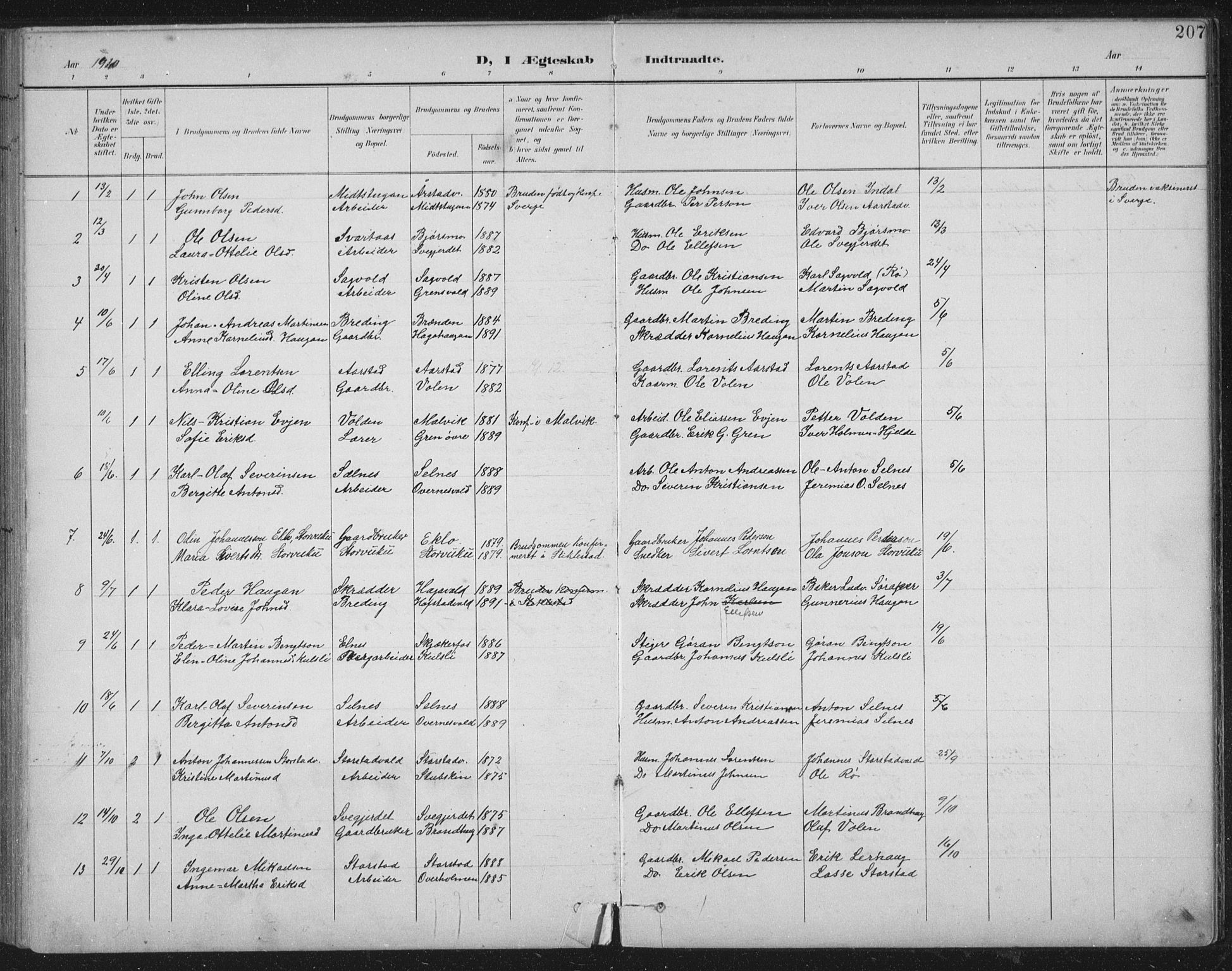 Ministerialprotokoller, klokkerbøker og fødselsregistre - Nord-Trøndelag, AV/SAT-A-1458/724/L0269: Parish register (copy) no. 724C05, 1899-1920, p. 207