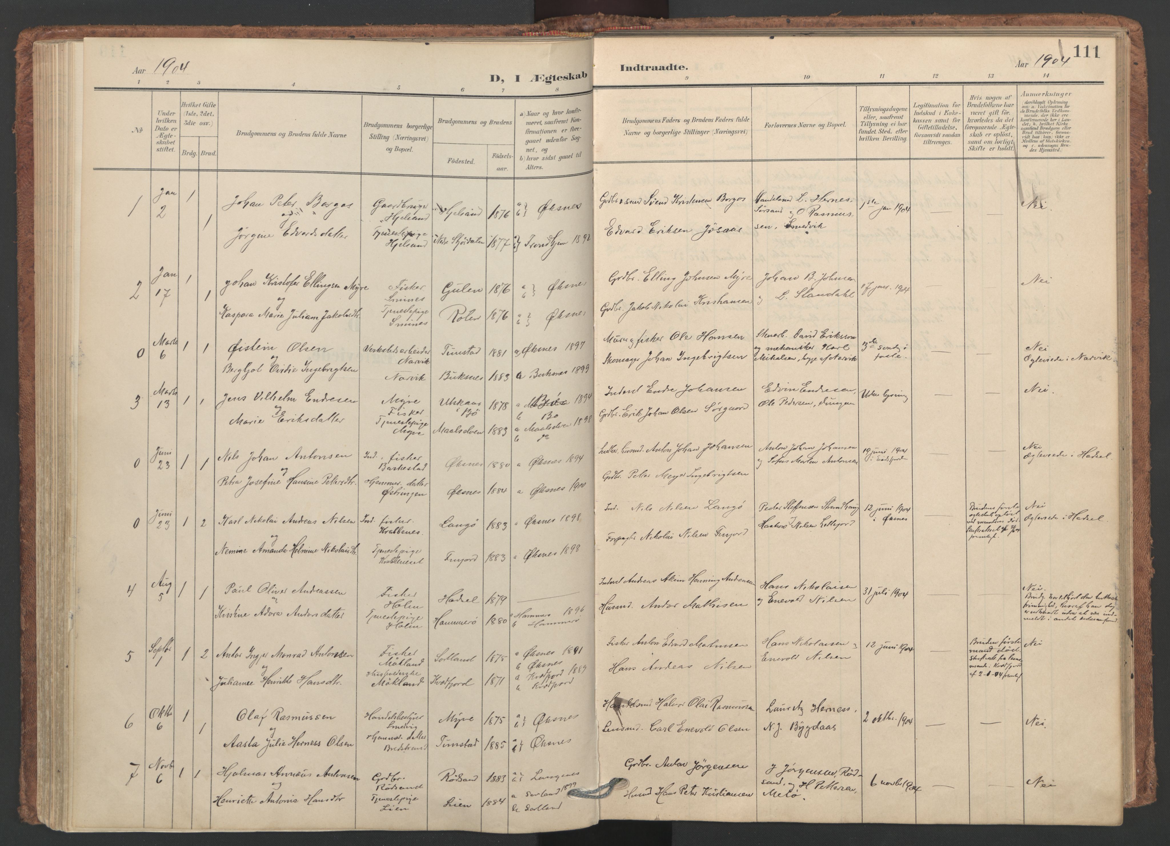 Ministerialprotokoller, klokkerbøker og fødselsregistre - Nordland, SAT/A-1459/893/L1339: Parish register (official) no. 893A11, 1904-1914, p. 111