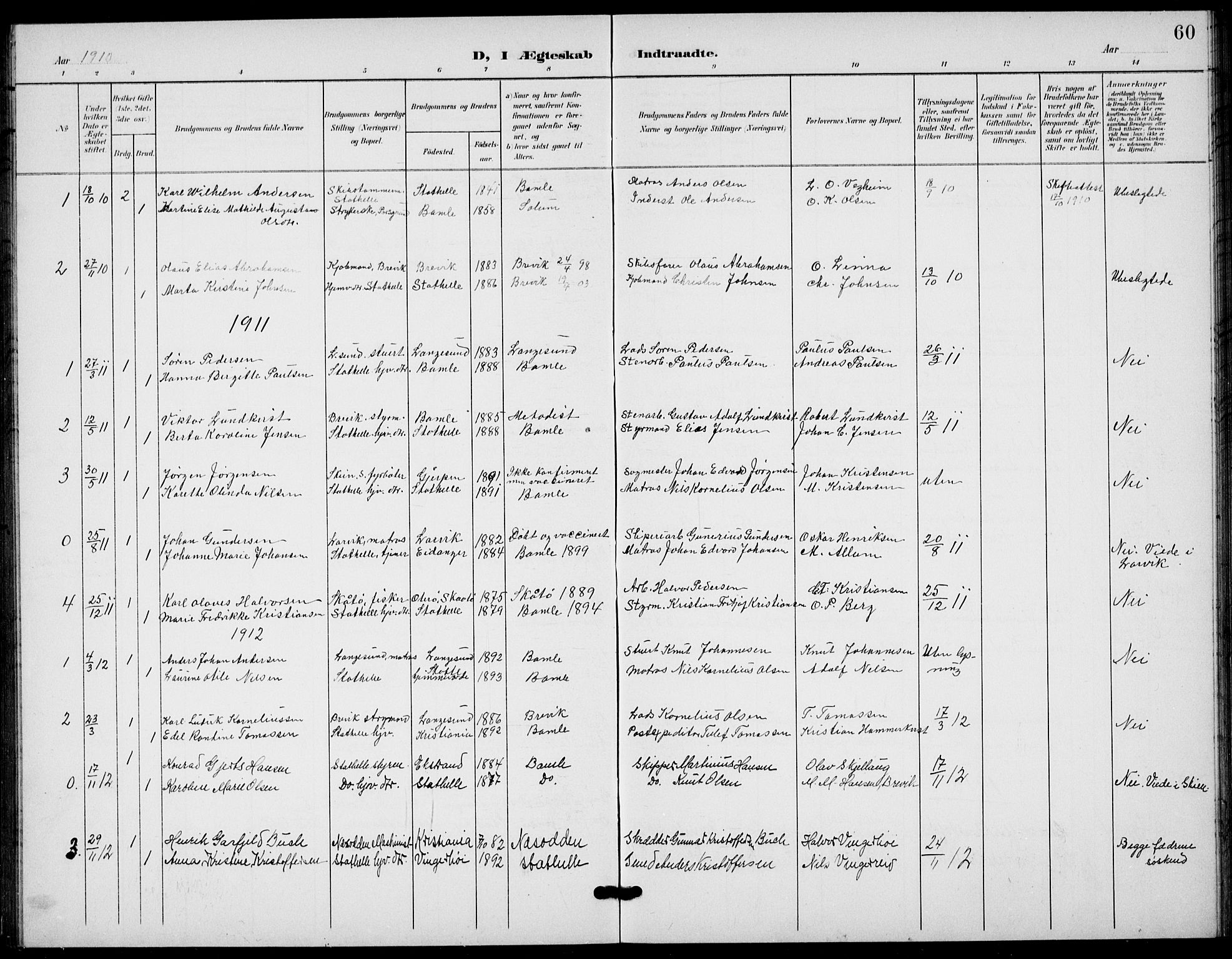 Bamble kirkebøker, AV/SAKO-A-253/G/Gb/L0002: Parish register (copy) no. II 2, 1900-1925, p. 60