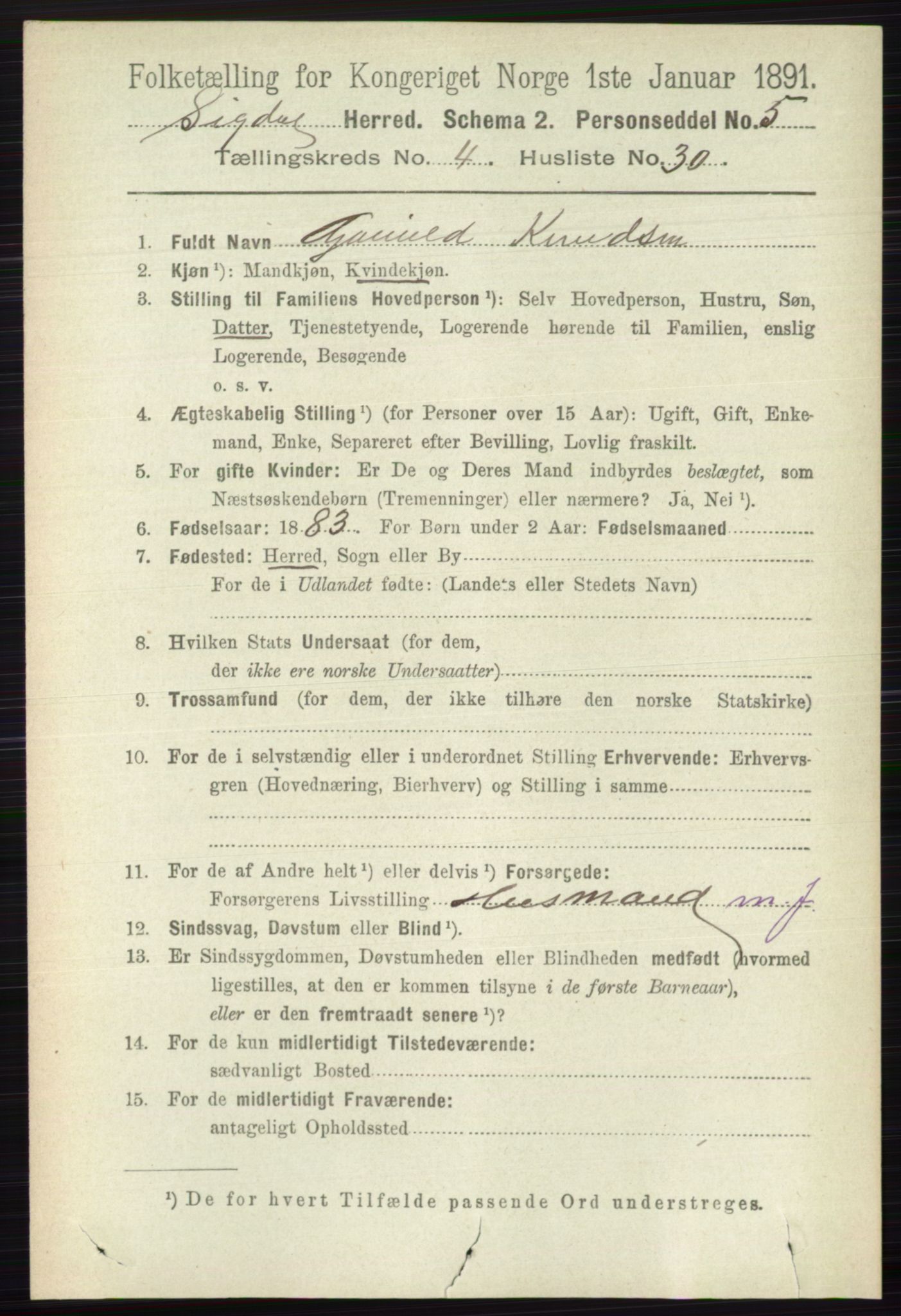 RA, 1891 census for 0621 Sigdal, 1891, p. 1833