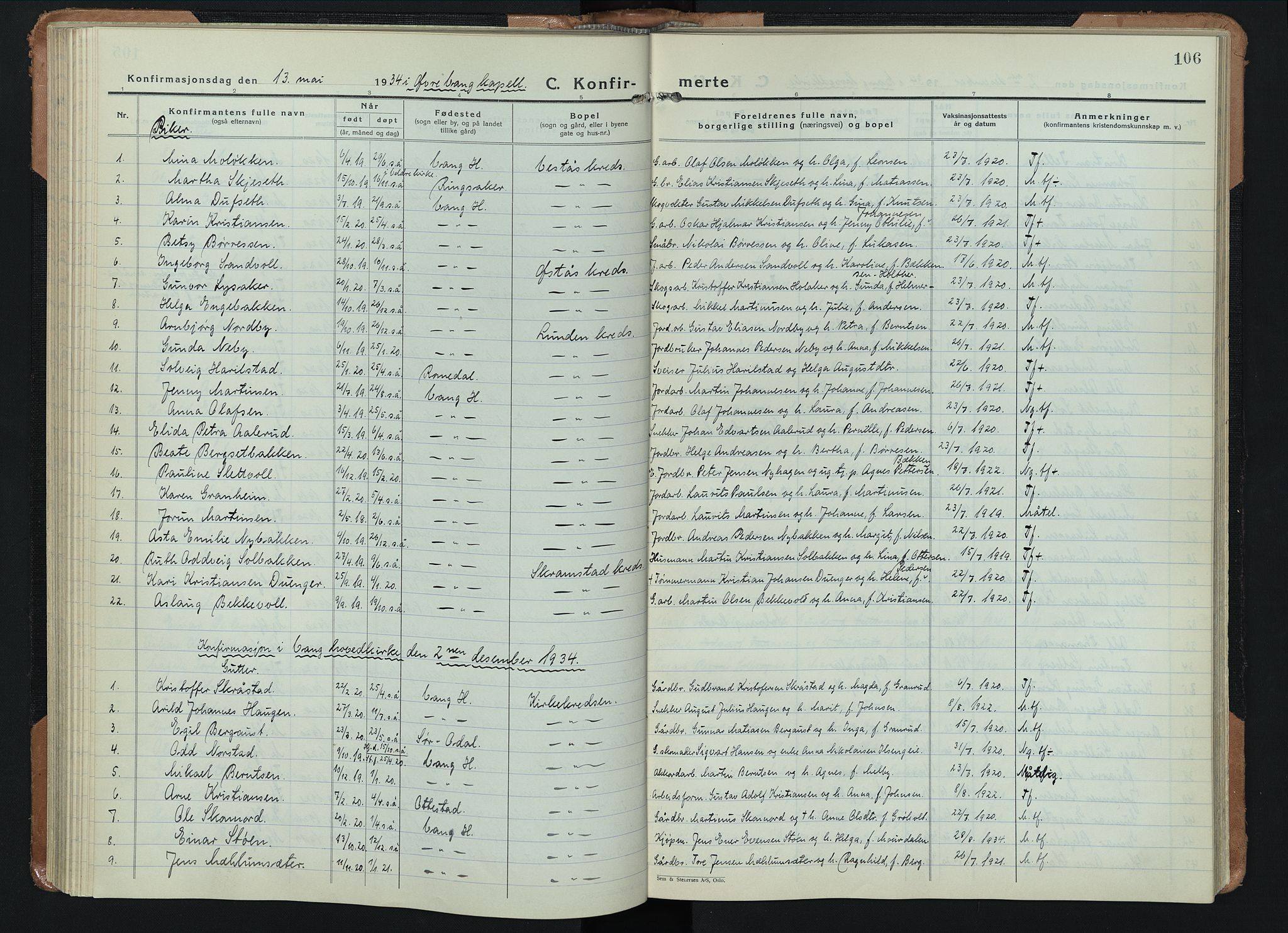 Vang prestekontor, Hedmark, AV/SAH-PREST-008/H/Ha/Hab/L0016: Parish register (copy) no. 16, 1933-1945, p. 106