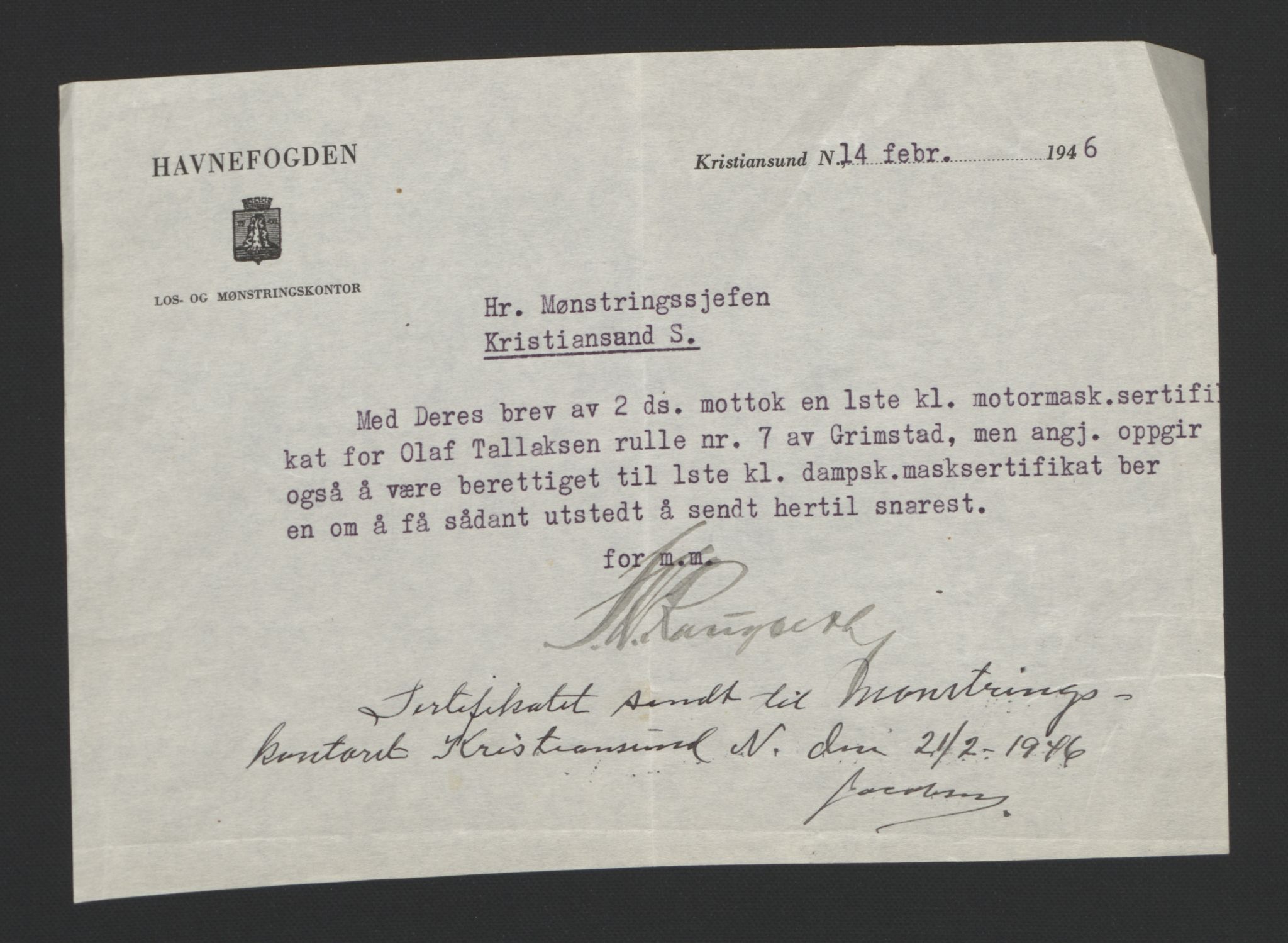 Grimstad mønstringskrets, SAK/2031-0013/F/Fa/L0007: Annotasjonsrulle nr 1-265 og hovedrulle B nr 1-160, V-20, 1894-1949, p. 84