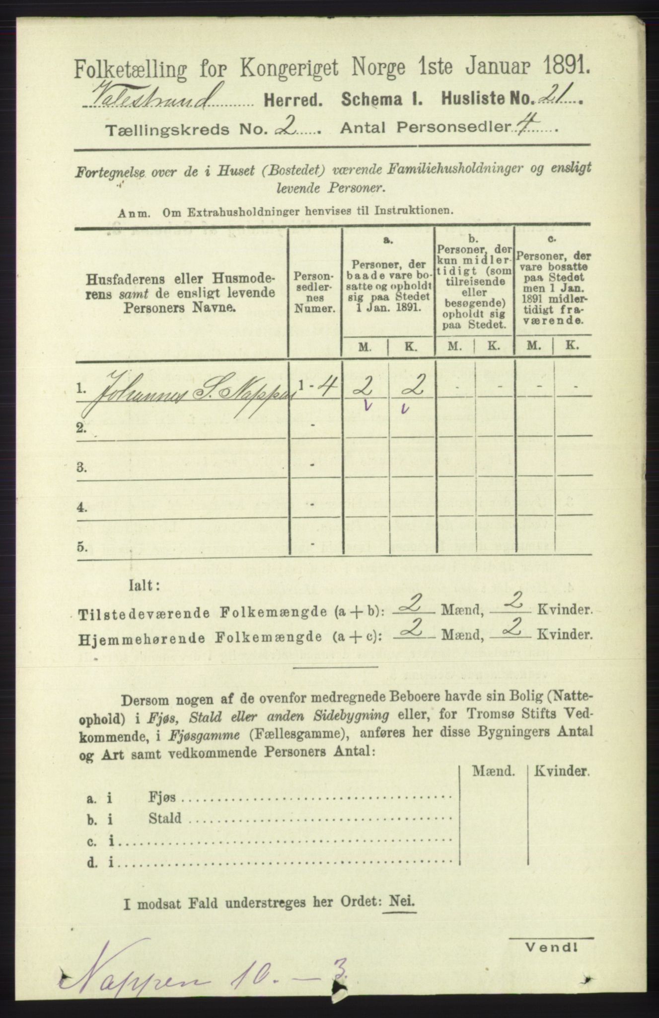 RA, 1891 census for 1217 Valestrand, 1891, p. 280