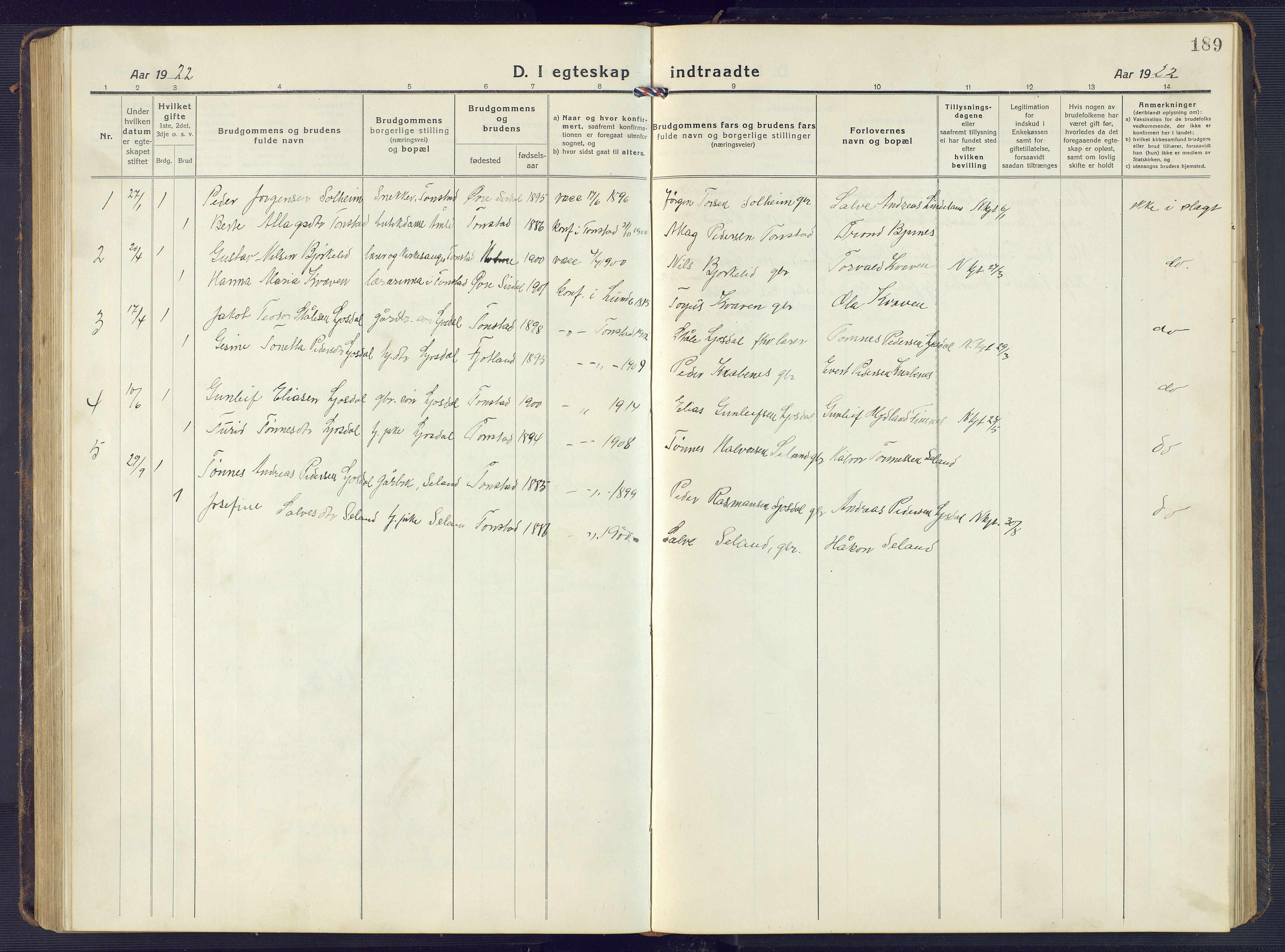 Sirdal sokneprestkontor, SAK/1111-0036/F/Fb/Fbb/L0005: Parish register (copy) no. B 5, 1916-1960, p. 189