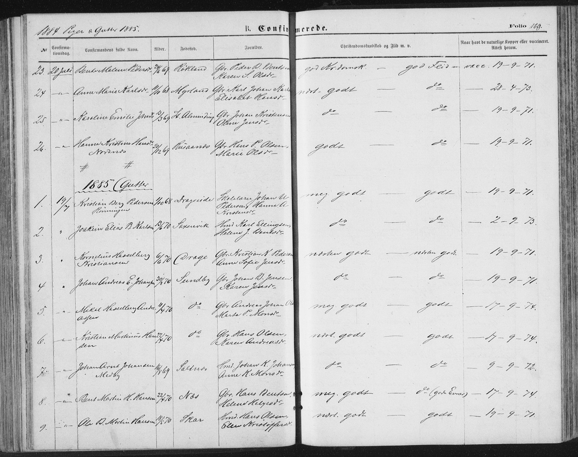 Ministerialprotokoller, klokkerbøker og fødselsregistre - Nordland, SAT/A-1459/847/L0668: Parish register (official) no. 847A08, 1872-1886, p. 169