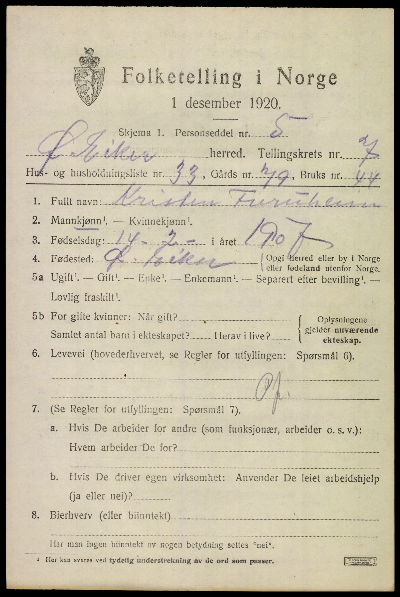 SAKO, 1920 census for Øvre Eiker, 1920, p. 13646