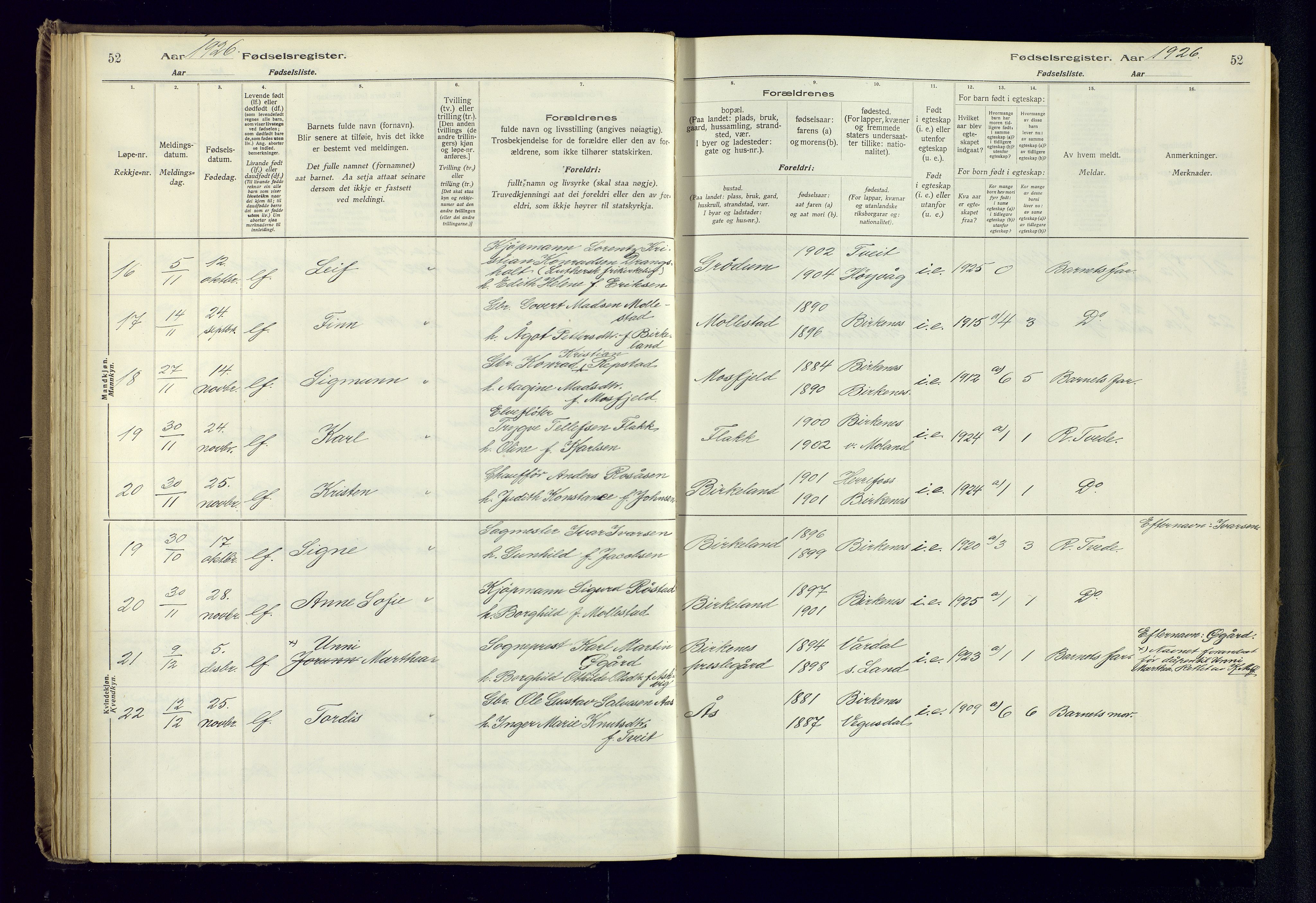 Birkenes sokneprestkontor, AV/SAK-1111-0004/J/Ja/L0001: Birth register no. II.6.4, 1916-1962, p. 52