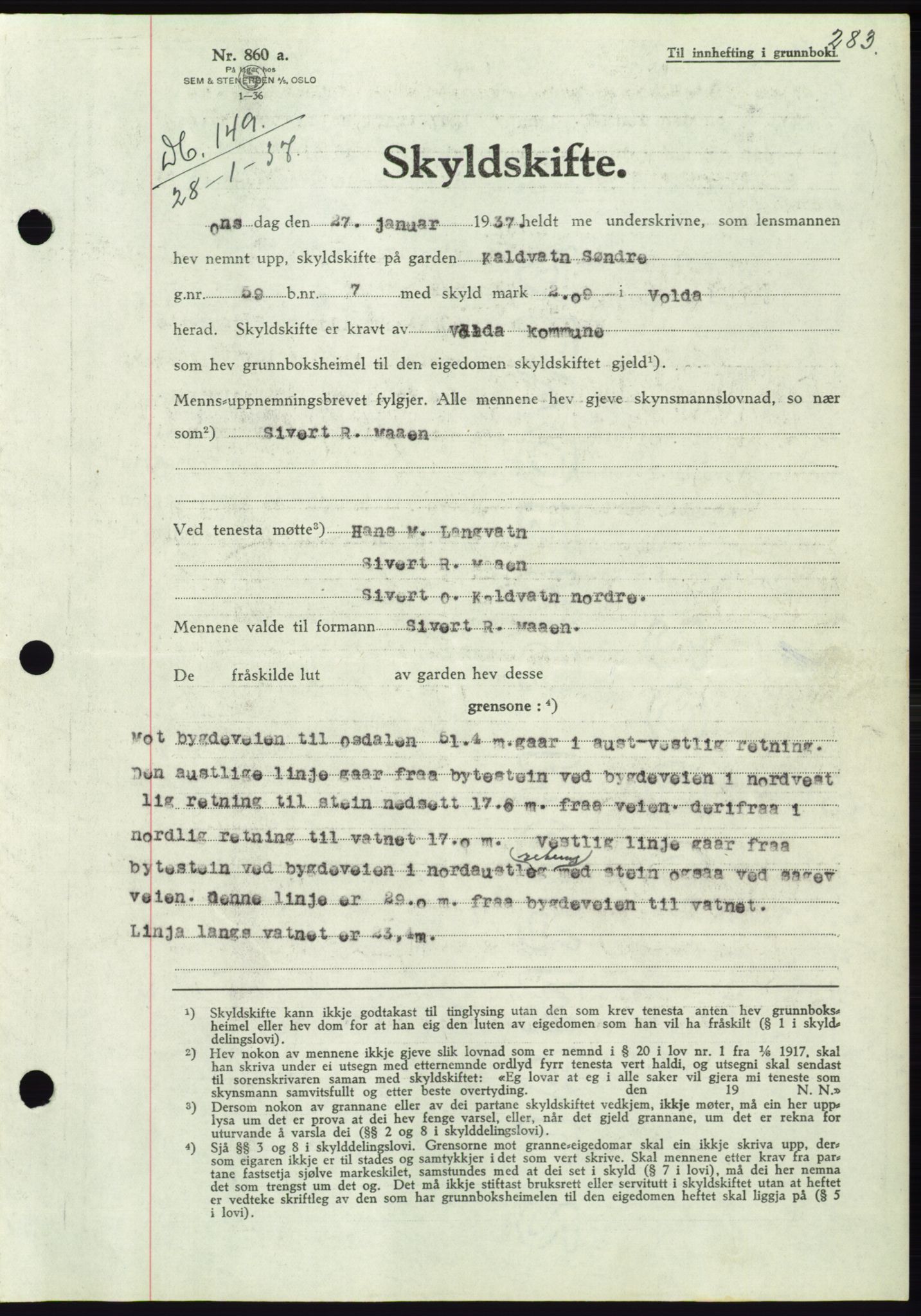 Søre Sunnmøre sorenskriveri, SAT/A-4122/1/2/2C/L0062: Mortgage book no. 56, 1936-1937, Diary no: : 149/1937