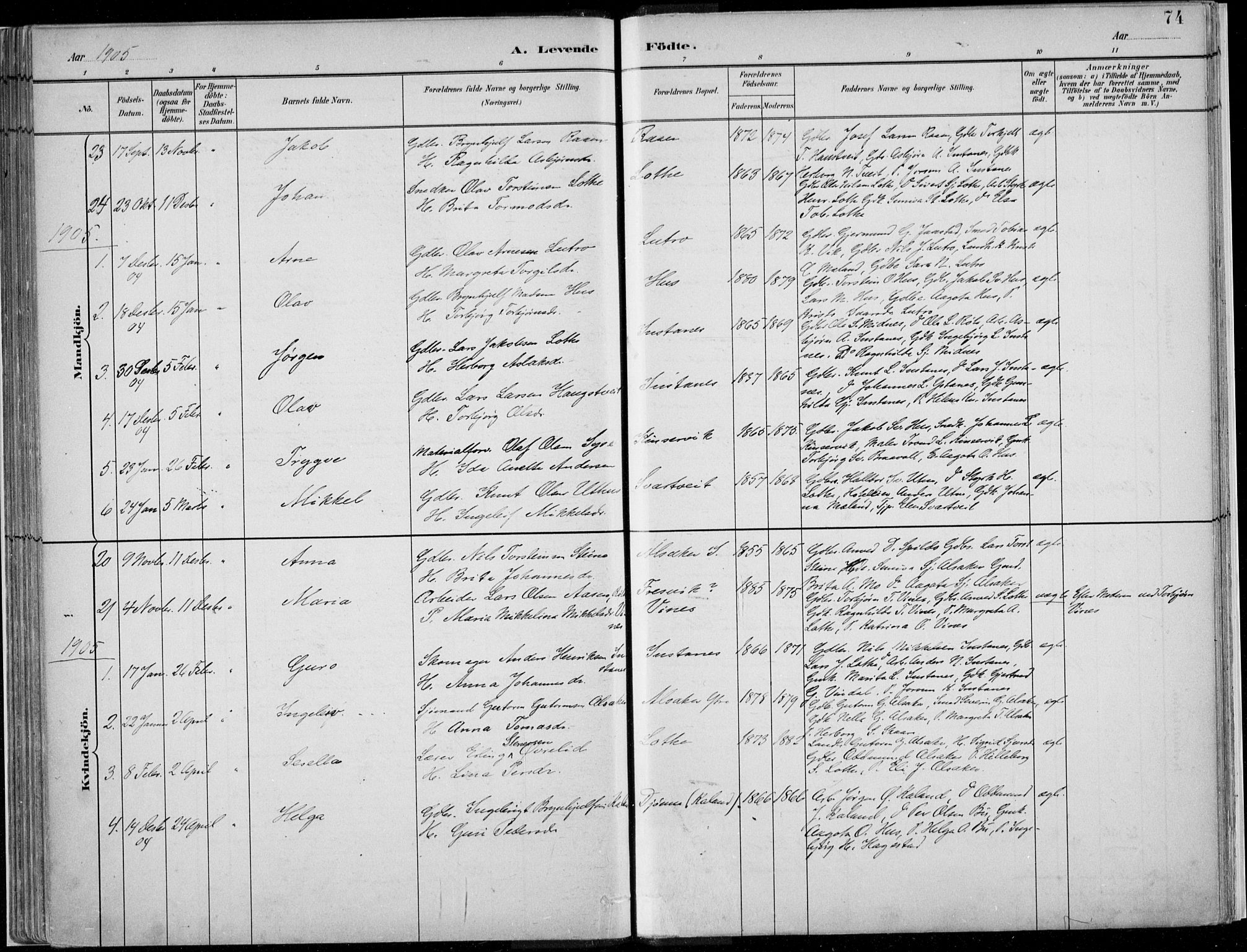 Ullensvang sokneprestembete, SAB/A-78701/H/Haa: Parish register (official) no. E  1, 1882-1921, p. 74