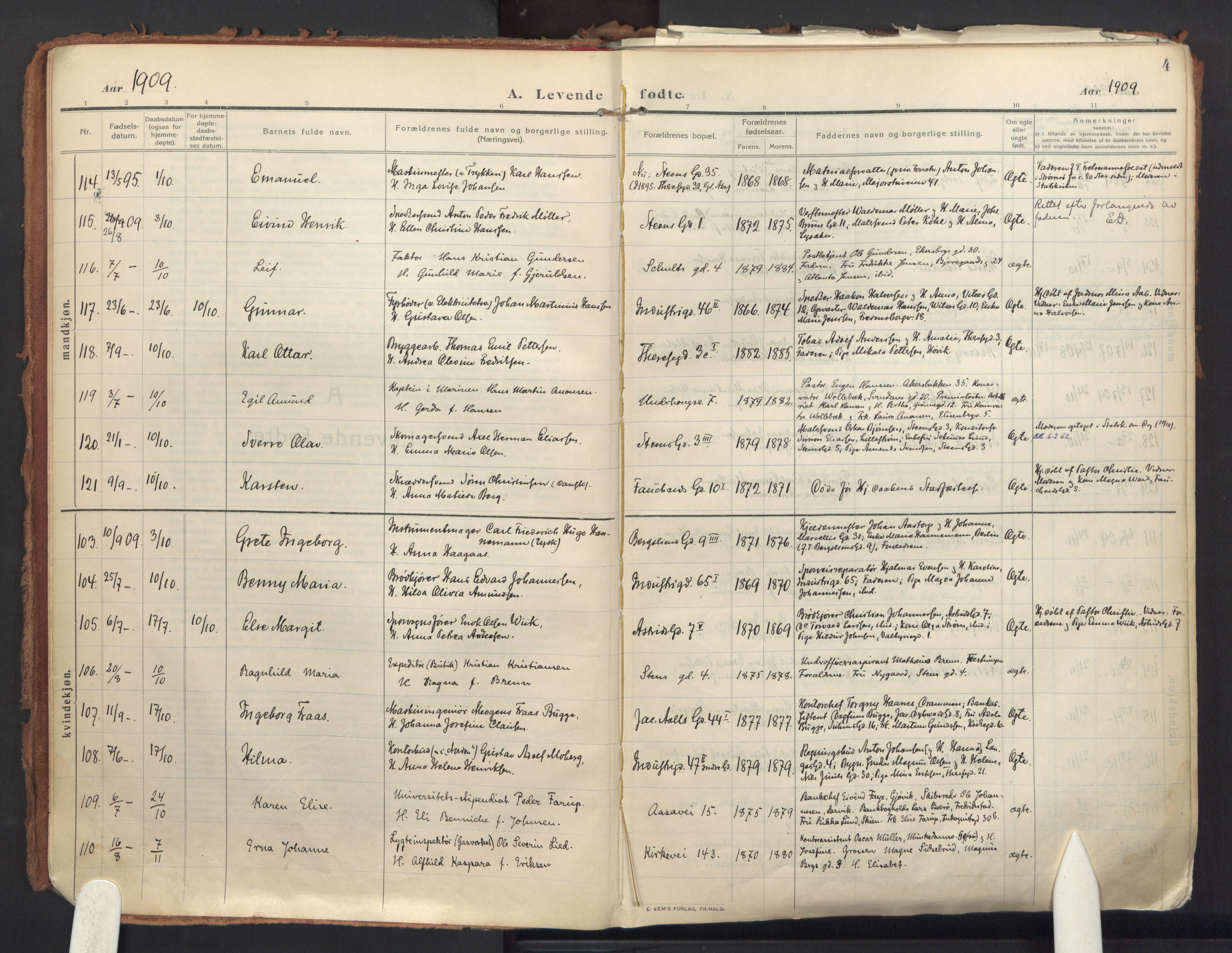 Fagerborg prestekontor Kirkebøker, AV/SAO-A-10844/F/Fa/L0005: Parish register (official) no. 5, 1909-1935, p. 4