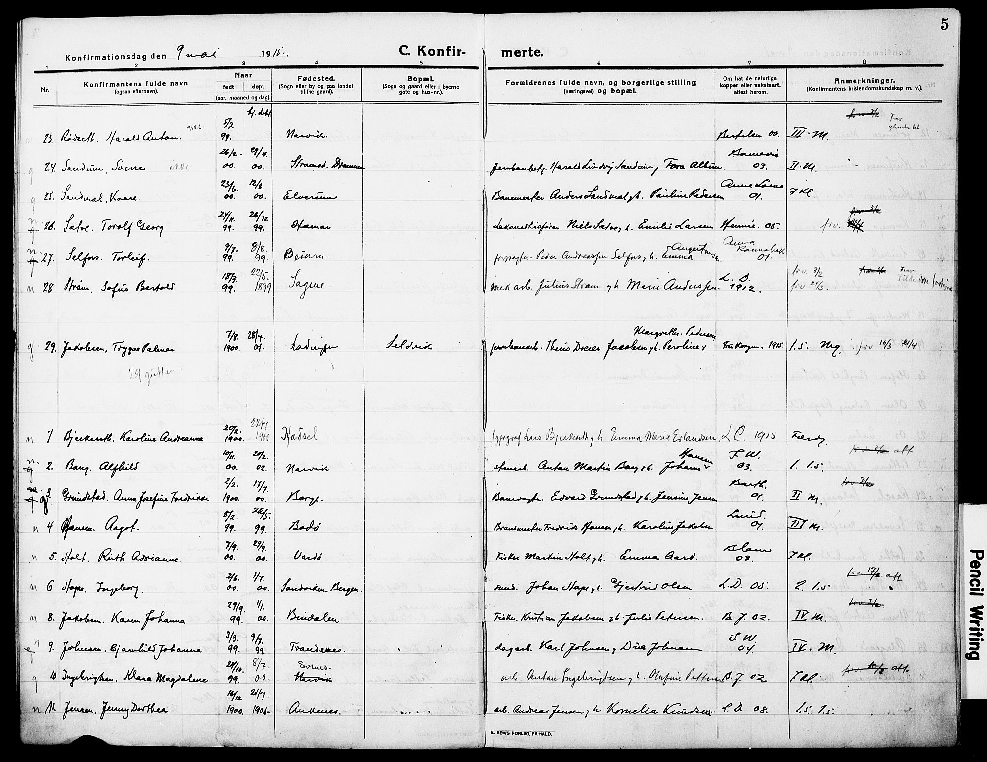 Ministerialprotokoller, klokkerbøker og fødselsregistre - Nordland, AV/SAT-A-1459/871/L0989: Parish register (official) no. 871A05, 1915-1922, p. 5