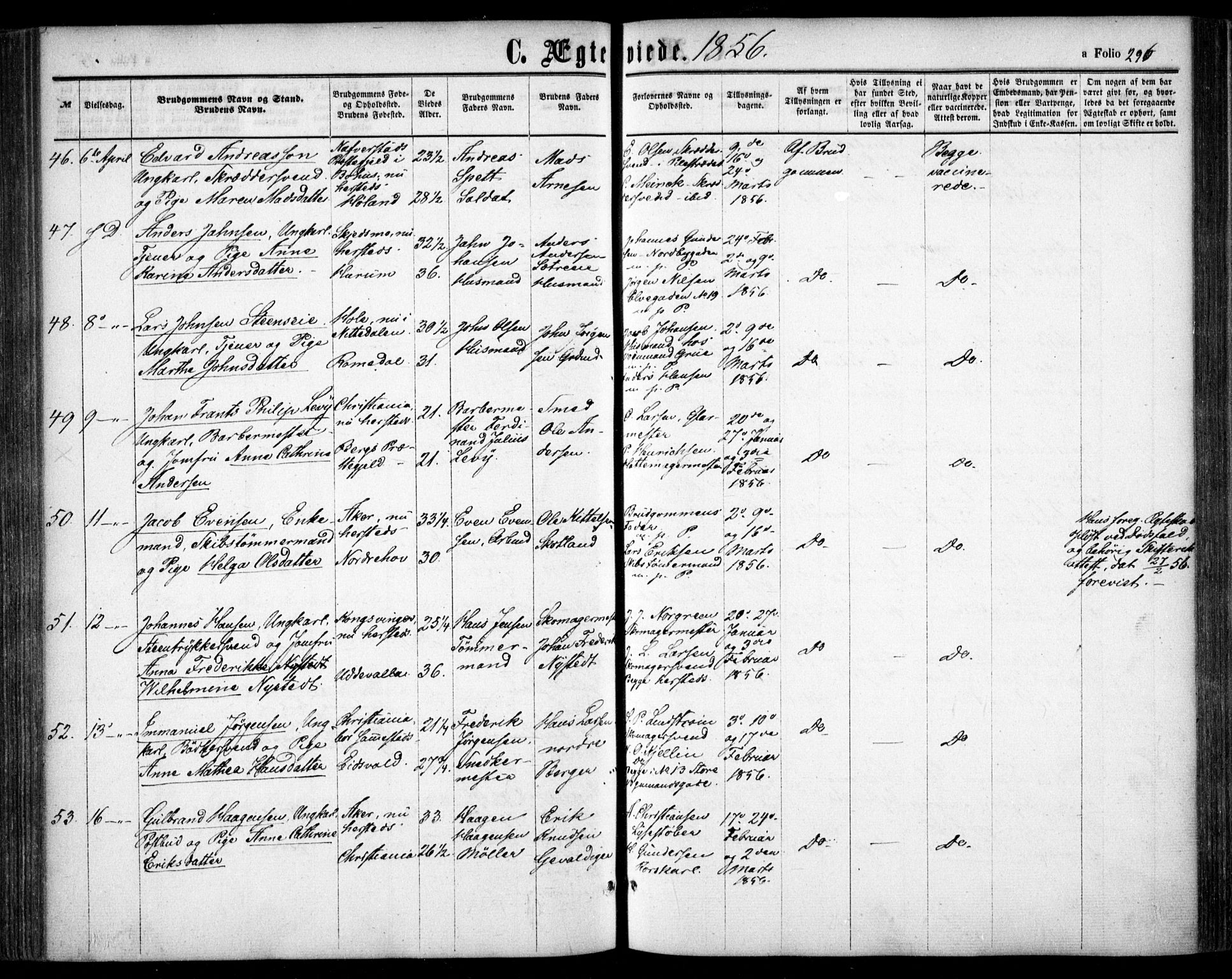 Oslo domkirke Kirkebøker, AV/SAO-A-10752/F/Fa/L0020: Parish register (official) no. 20, 1848-1865, p. 296