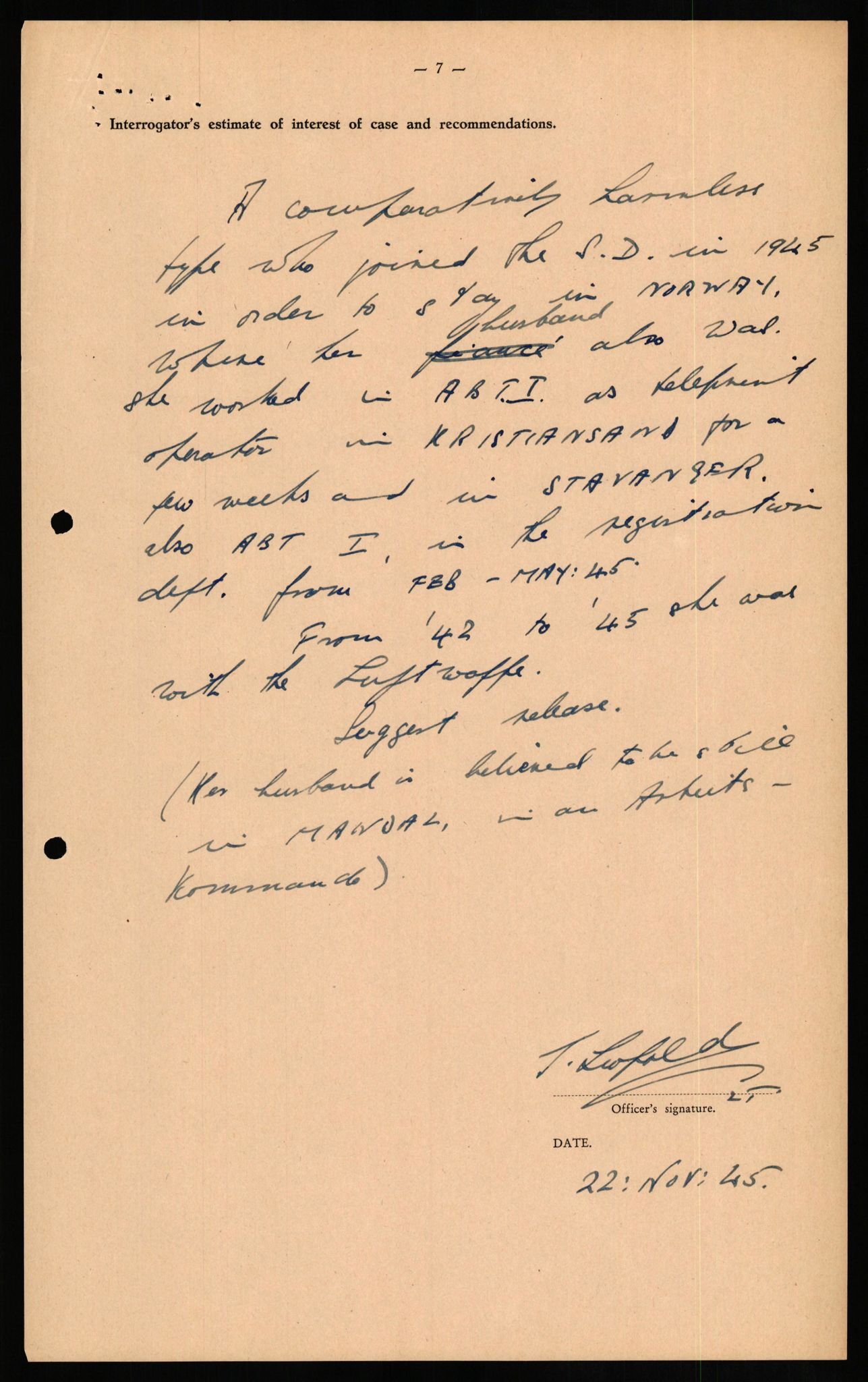 Forsvaret, Forsvarets overkommando II, RA/RAFA-3915/D/Db/L0020: CI Questionaires. Tyske okkupasjonsstyrker i Norge. Tyskere., 1945-1946, p. 277