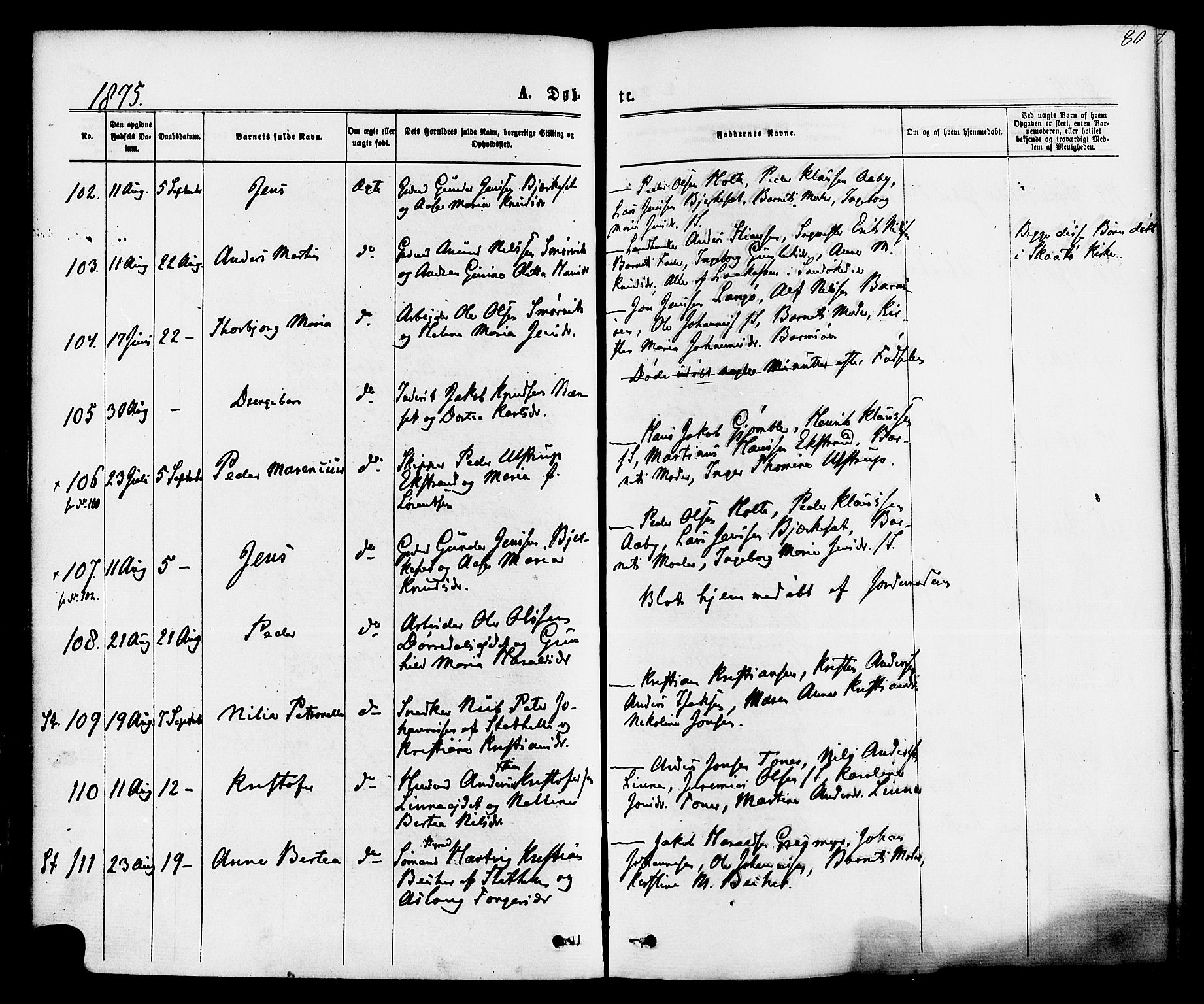 Bamble kirkebøker, AV/SAKO-A-253/F/Fa/L0006: Parish register (official) no. I 6, 1869-1877, p. 80