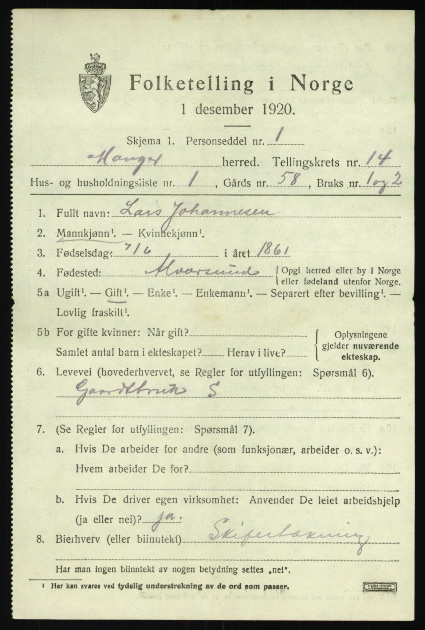 SAB, 1920 census for Manger, 1920, p. 8262