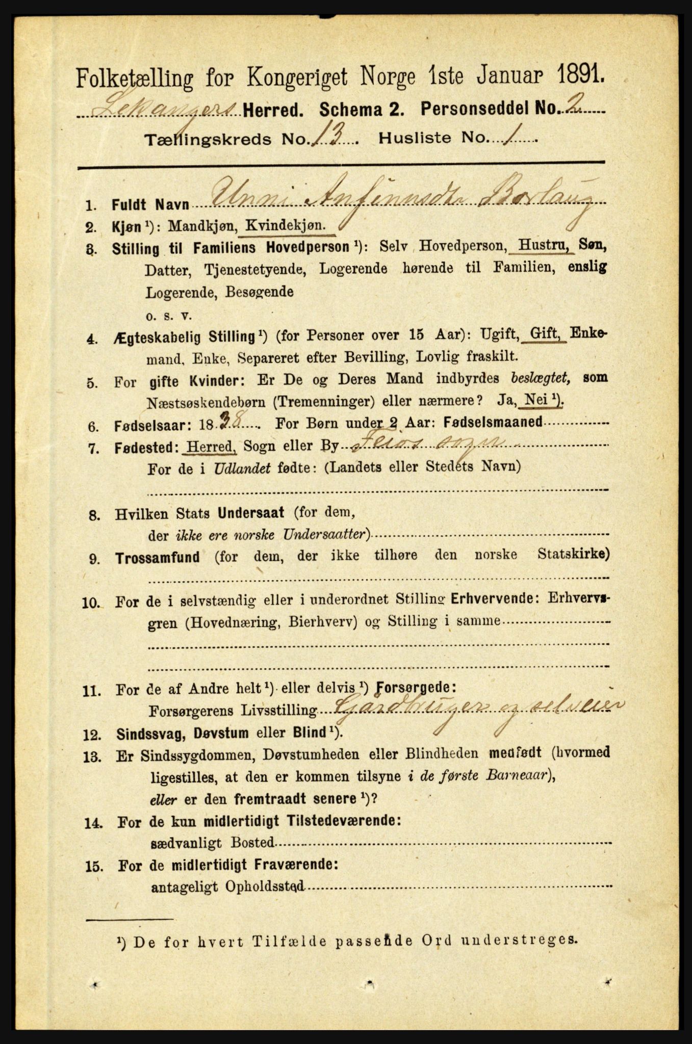 RA, 1891 census for 1419 Leikanger, 1891, p. 2456