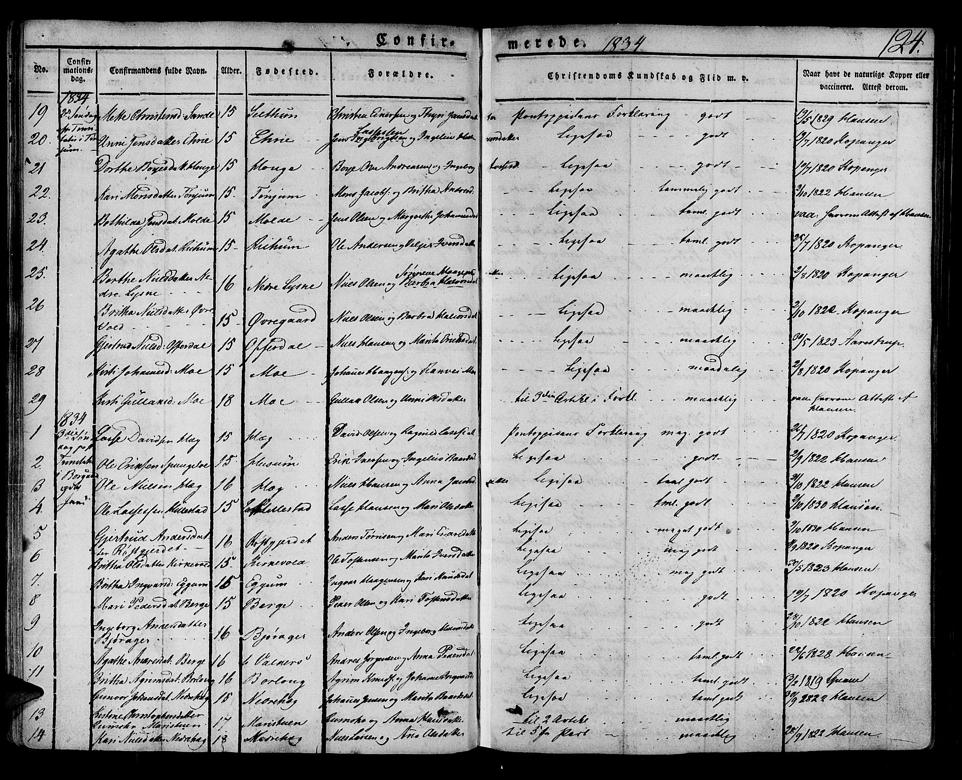 Lærdal sokneprestembete, AV/SAB-A-81201: Parish register (official) no. A 5, 1822-1834, p. 124