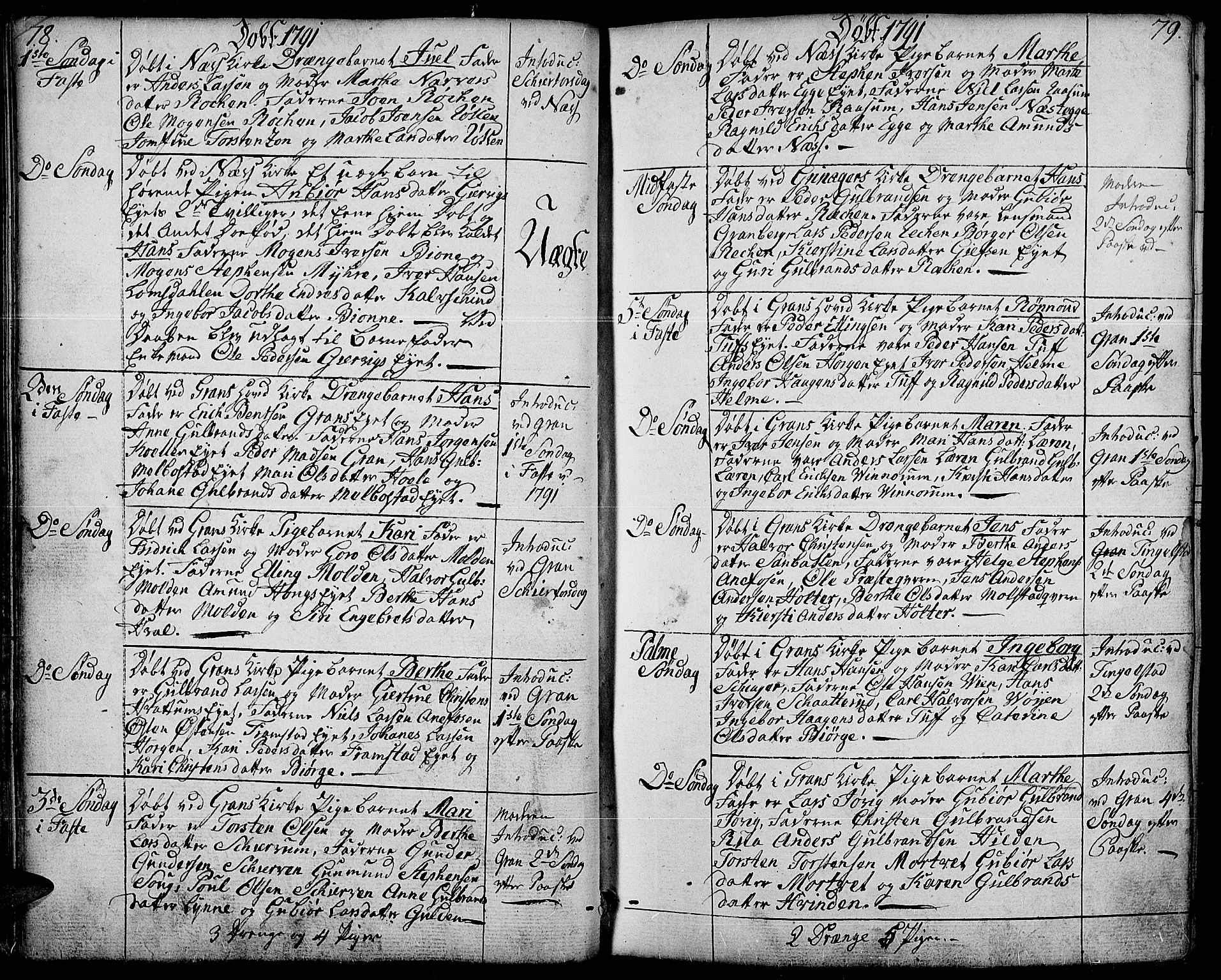 Gran prestekontor, SAH/PREST-112/H/Ha/Haa/L0006: Parish register (official) no. 6, 1787-1824, p. 78-79