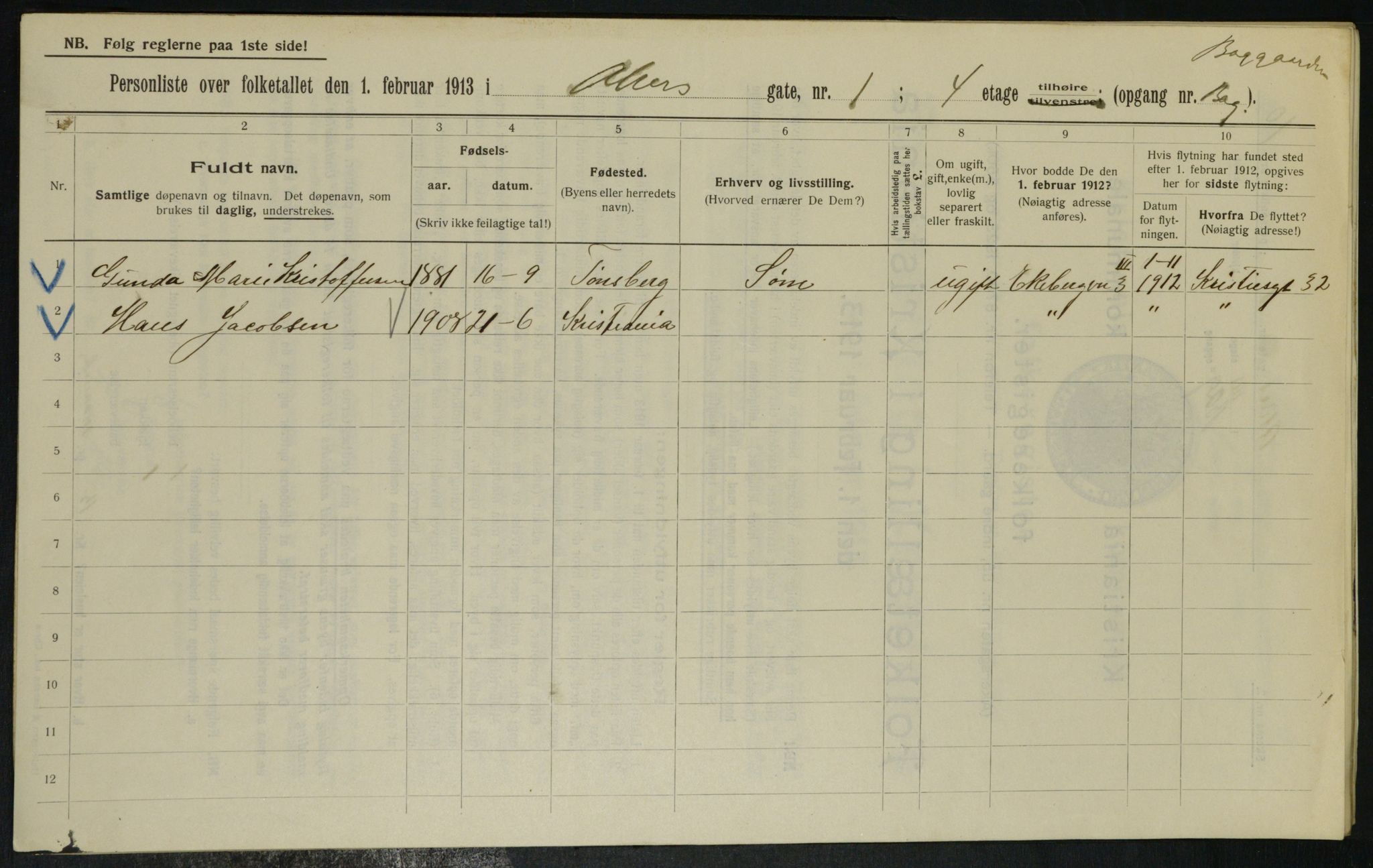 OBA, Municipal Census 1913 for Kristiania, 1913, p. 306